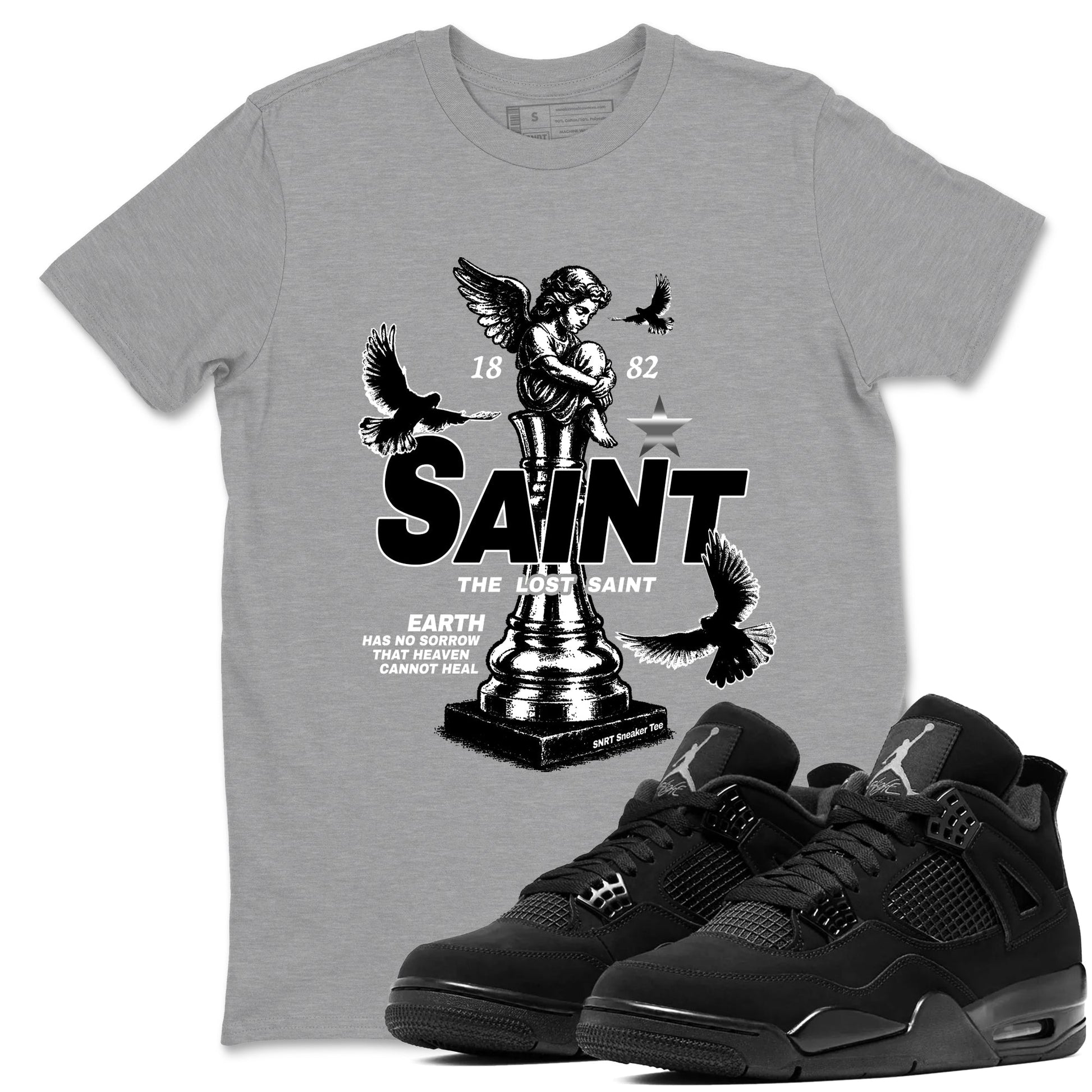 4s Black Cat Sneaker match tees – Sneaker Tees To Match Air Jordan 4 Black Cat Shoes – The Lost Saint Tee Heather Grey 1