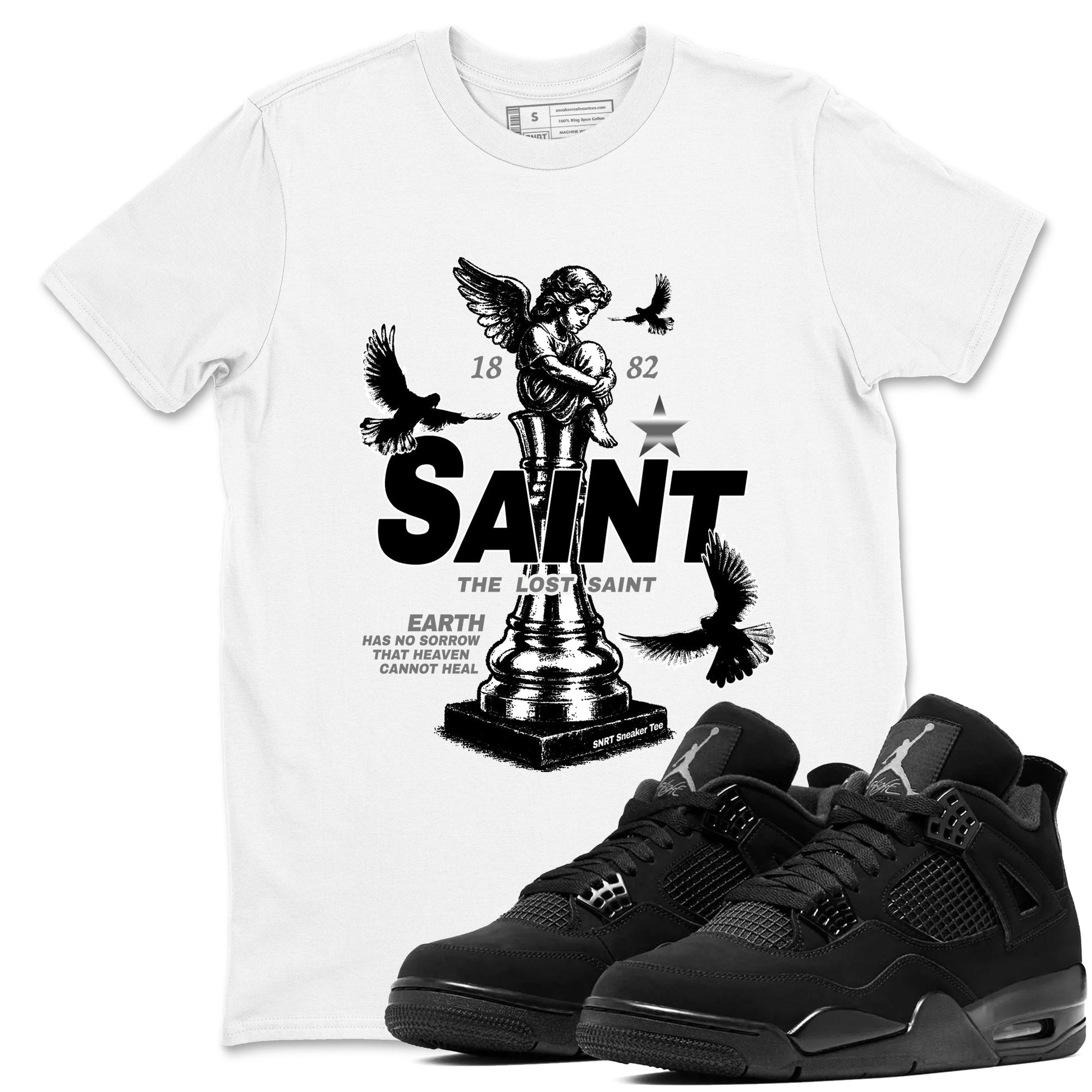 4s Black Cat Sneaker match tees – Sneaker Tees To Match Air Jordan 4 Black Cat Shoes – The Lost Saint Tee White 1