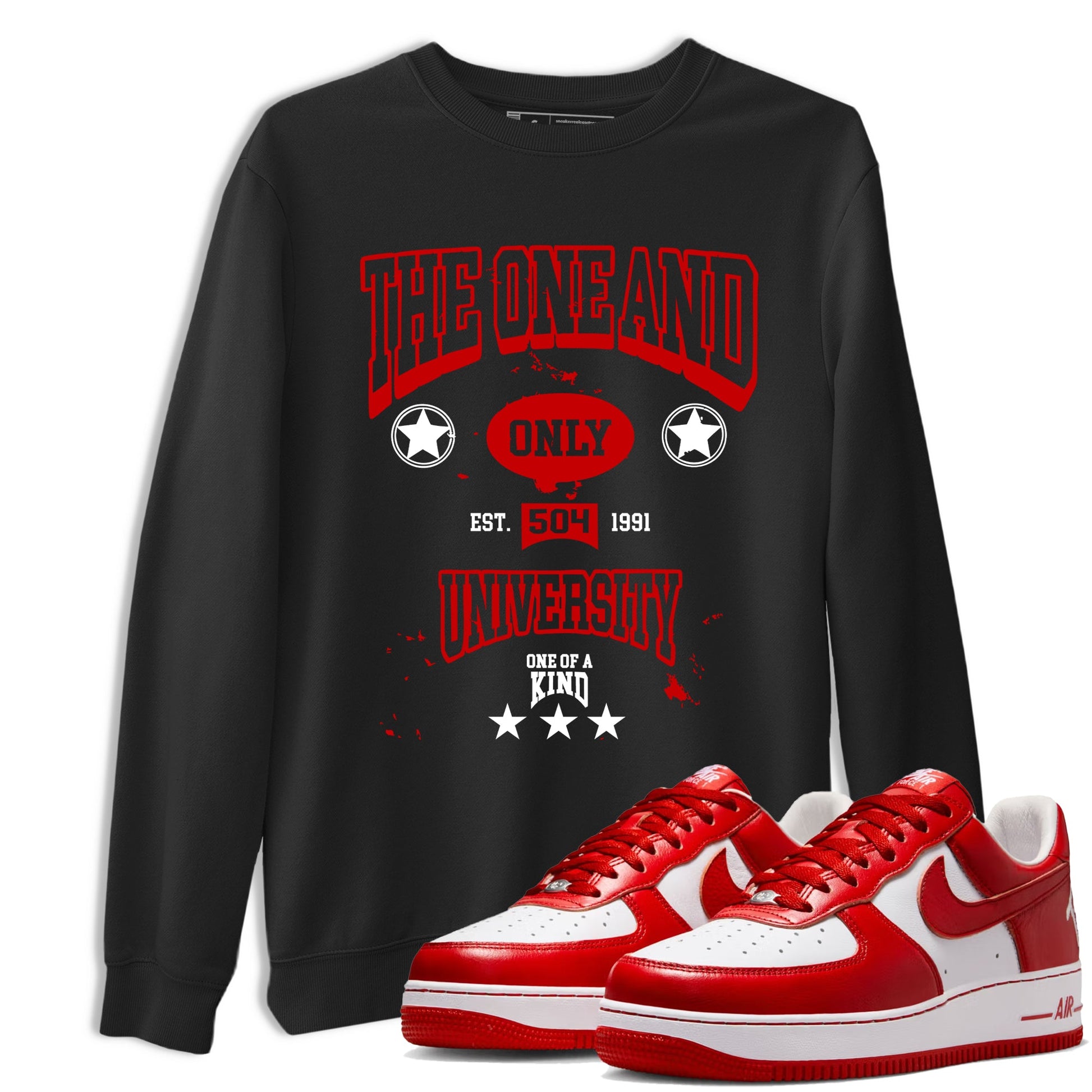 The One And Only University sneaker match t-shirt styled to complete your fit with the Air Force 1 University Red sneakers, shown in Black 1.