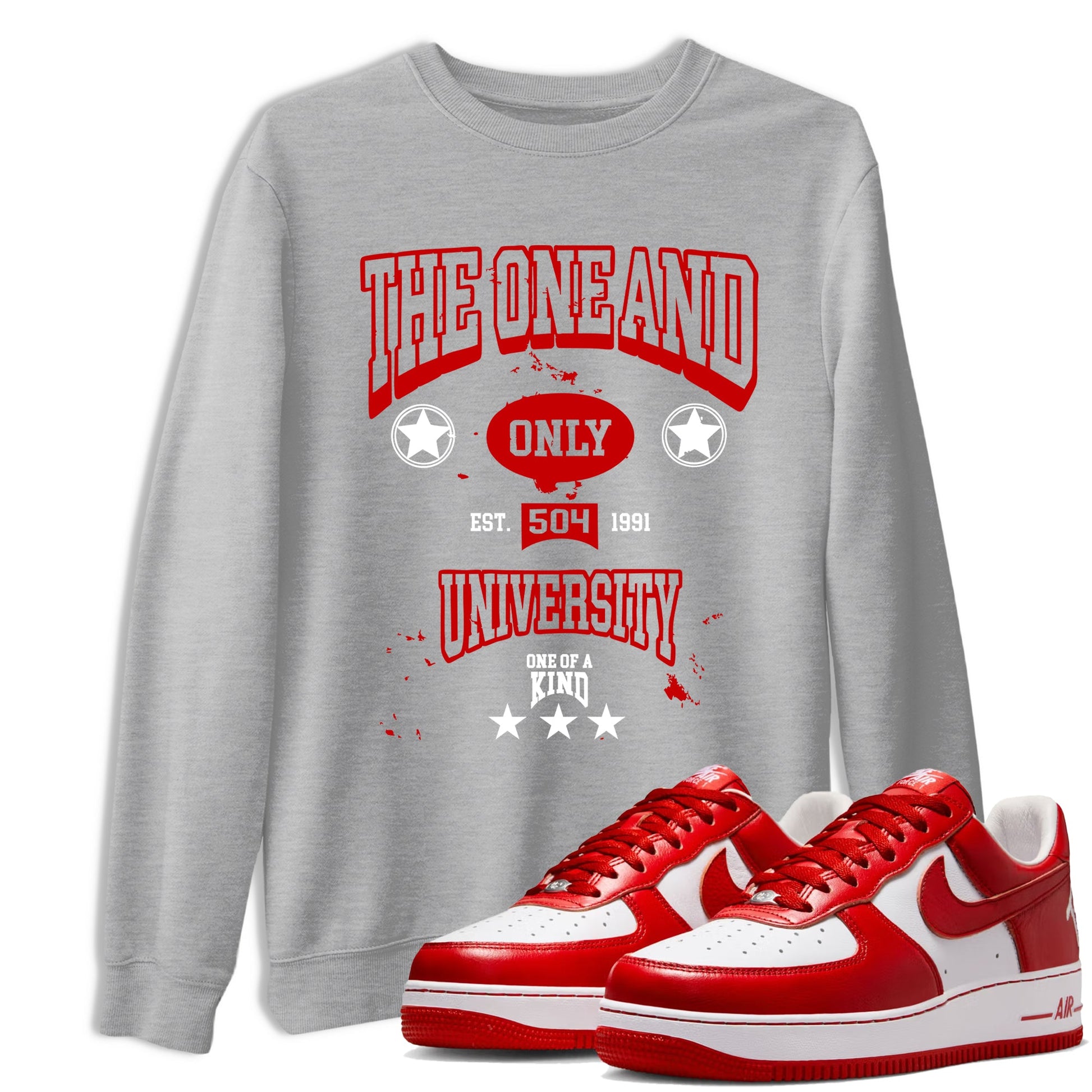 The One And Only University sneaker match t-shirt styled to complete your fit with the Air Force 1 University Red sneakers, shown in Heather Grey 1.