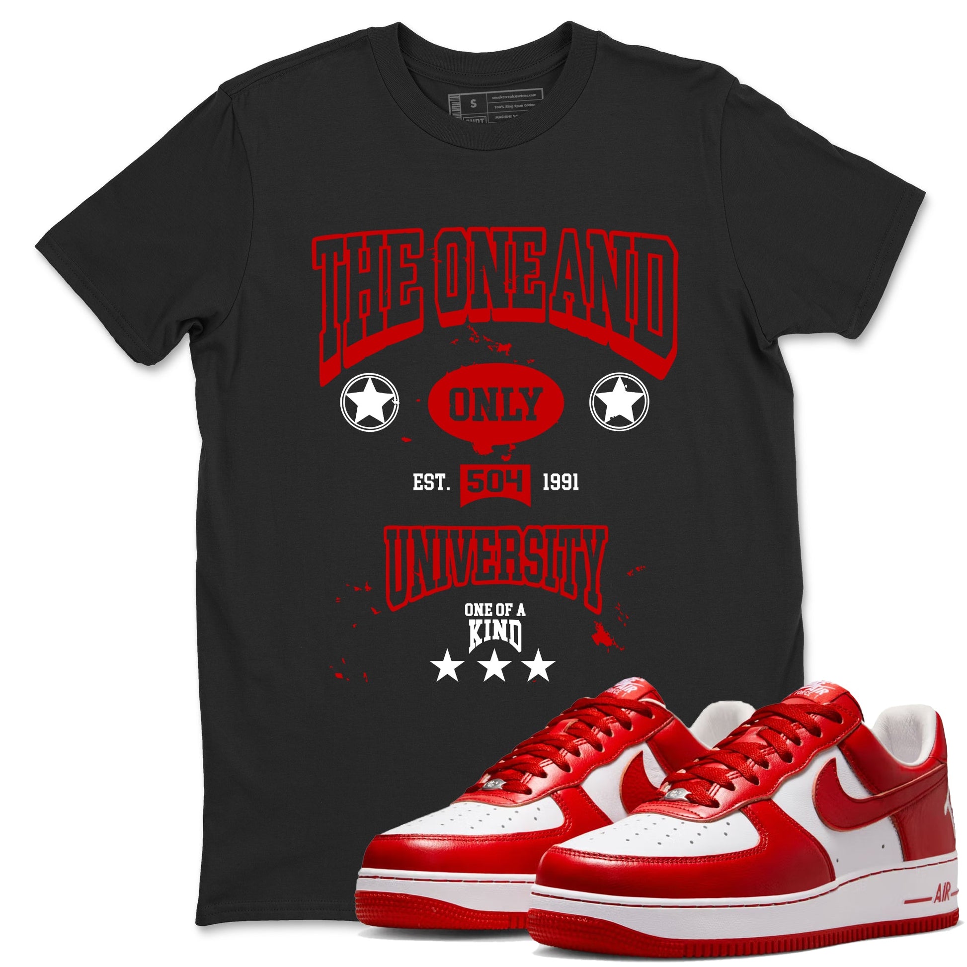 The One And Only University sneaker match t-shirt styled to complete your fit with the Air Force 1 University Red sneakers, shown in Black 1.