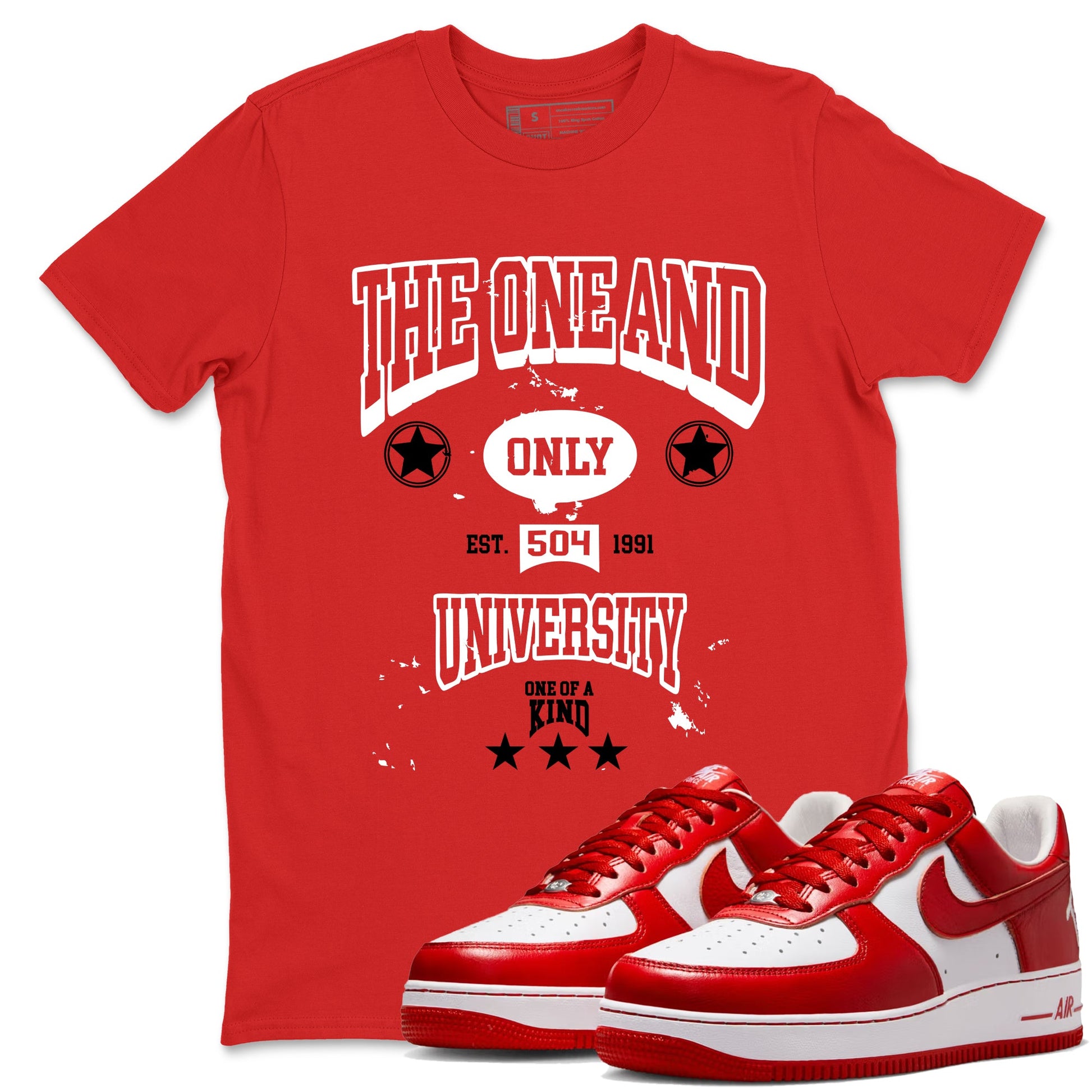The One And Only University sneaker match t-shirt styled to complete your fit with the Air Force 1 University Red sneakers, shown in Red 1.
