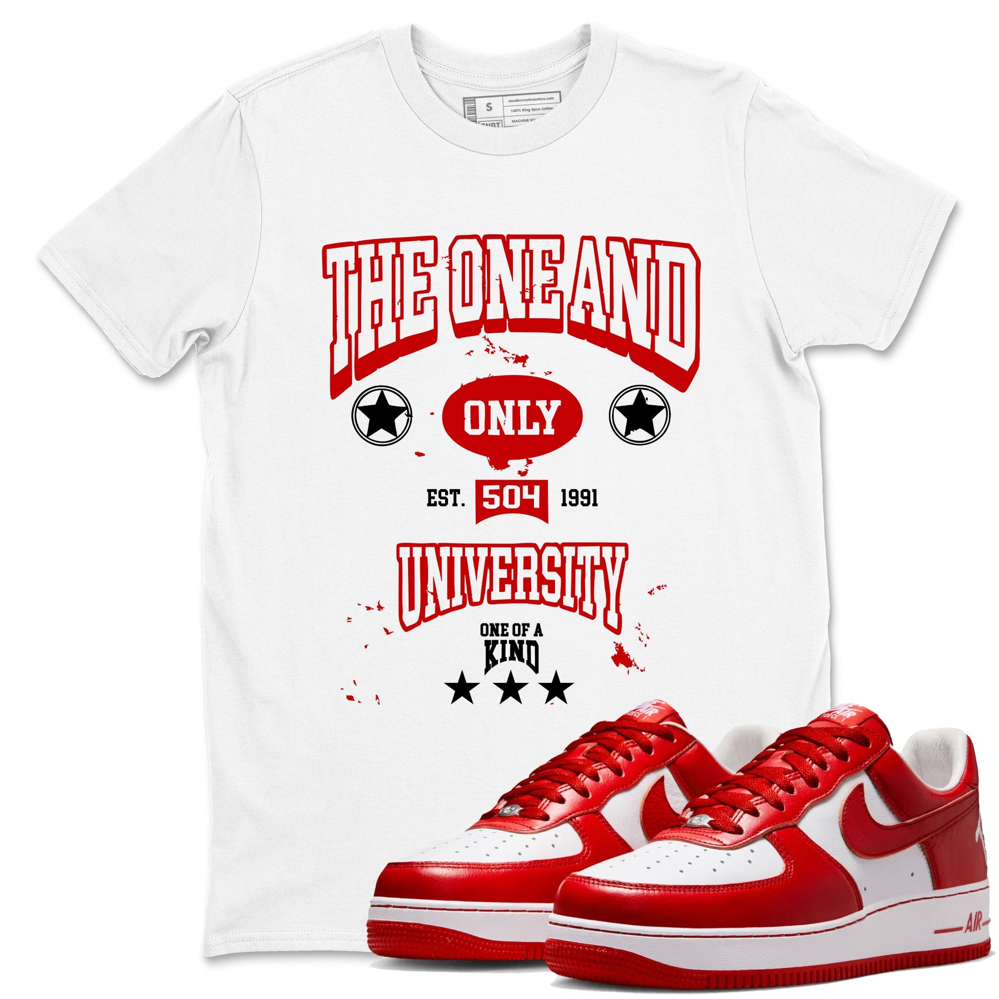 The One And Only University sneaker match t-shirt styled to complete your fit with the Air Force 1 University Red sneakers, shown in White 1.