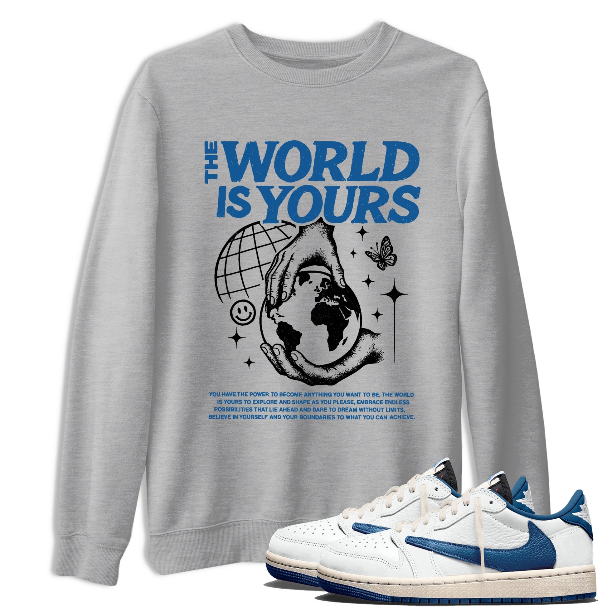 Sneaker match tees – Streetwear Graphic Tees Air Jordan 1 Travis Scott Fragment Sneakers – The World Is Yours Graphic Tee Heather Grey 1