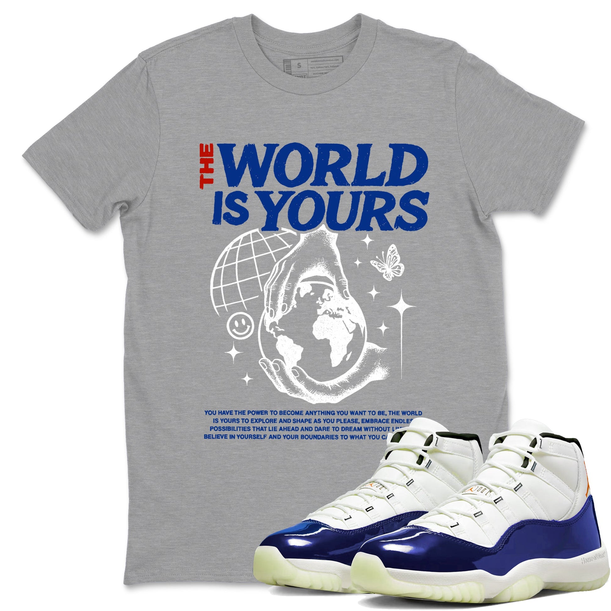Sneaker Threads – Sneaker Tees To Match Air Jordan 11 Rare Air – The World Is Yours Graphic Tee Heather Grey 1. Perfect for Jordan releases 2025 colorways.