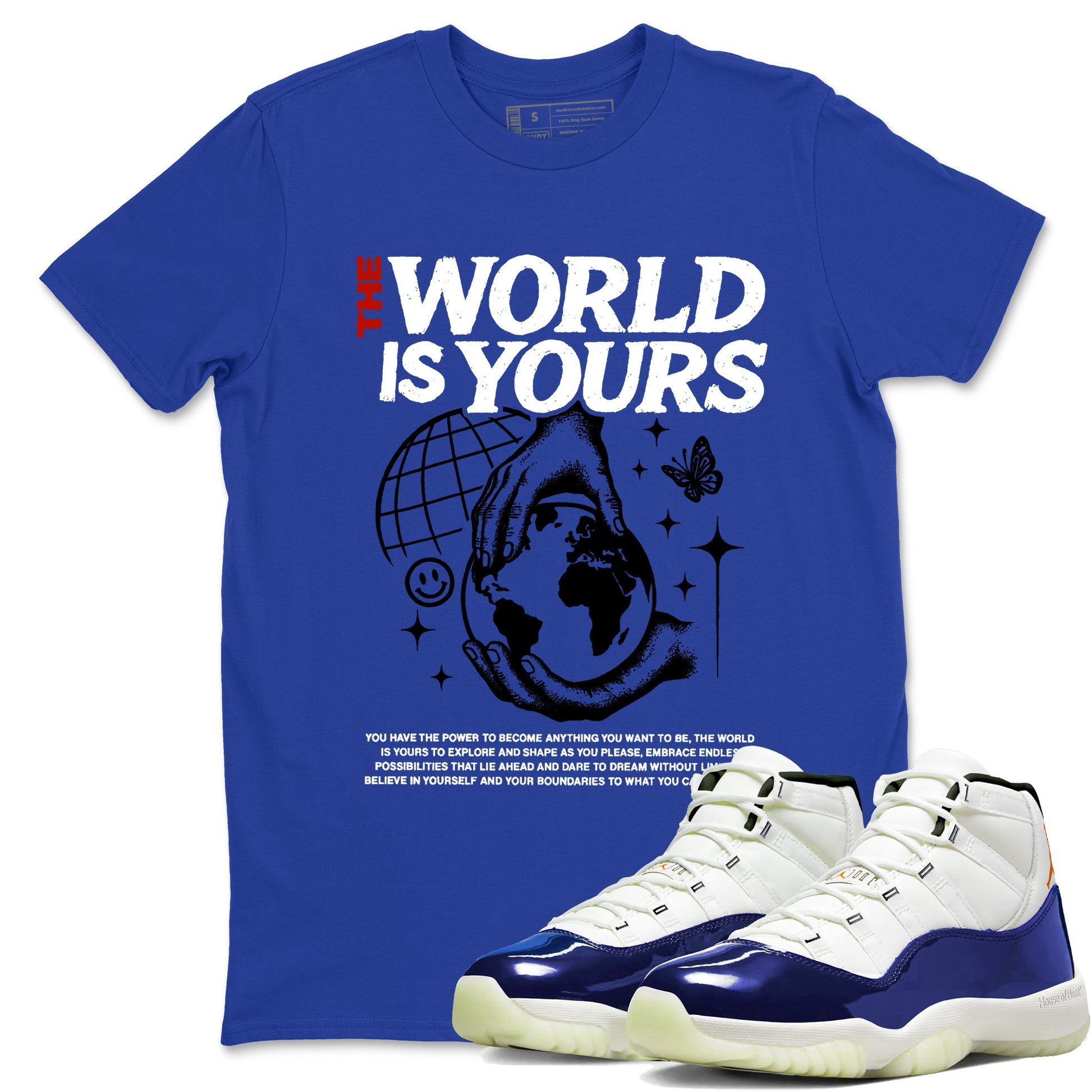Sneaker Threads – Sneaker Tees To Match Air Jordan 11 Rare Air – The World Is Yours Graphic Tee Royal Blue 1. Perfect for Jordan releases 2025 colorways.