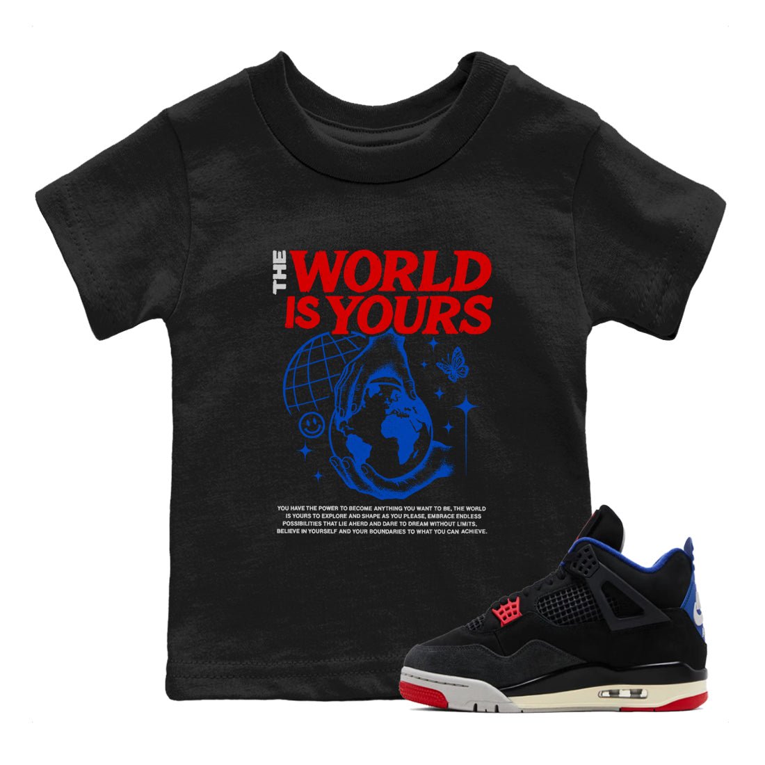 Sneaker match tees – Sneaker Tees To Match Jordan 4 Retro Rare Air Shoes – The World Is Yours Kids T-Shirt Black 1