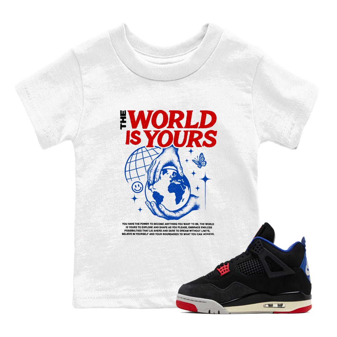 Sneaker match tees – Sneaker Tees To Match Jordan 4 Retro Rare Air Shoes – The World Is Yours Kids T-Shirt White 1