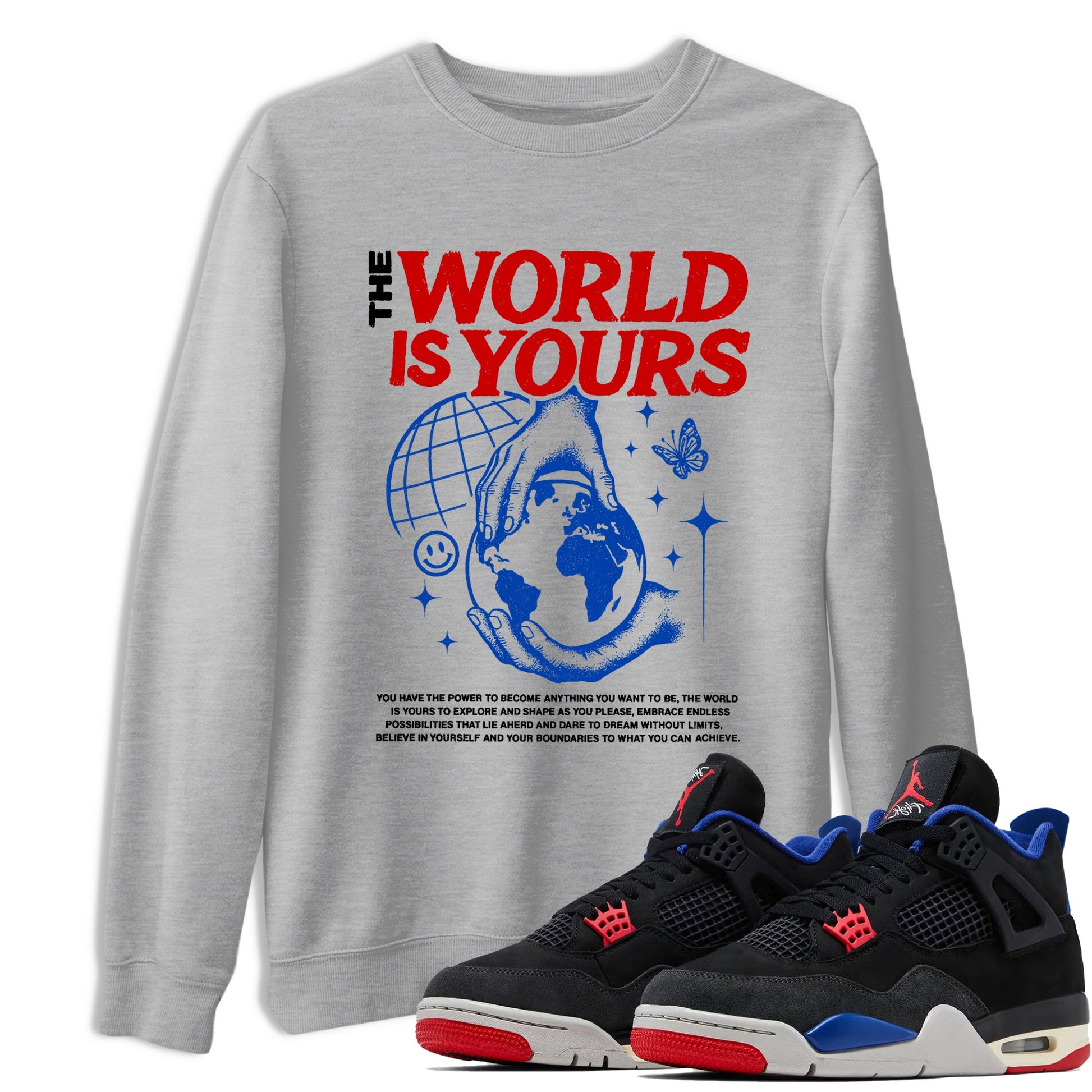 Sneaker match tees – Sneaker Tees To Match Jordan 4 Retro Rare Air Shoes – The World Is Yours Tee Heather Grey 1
