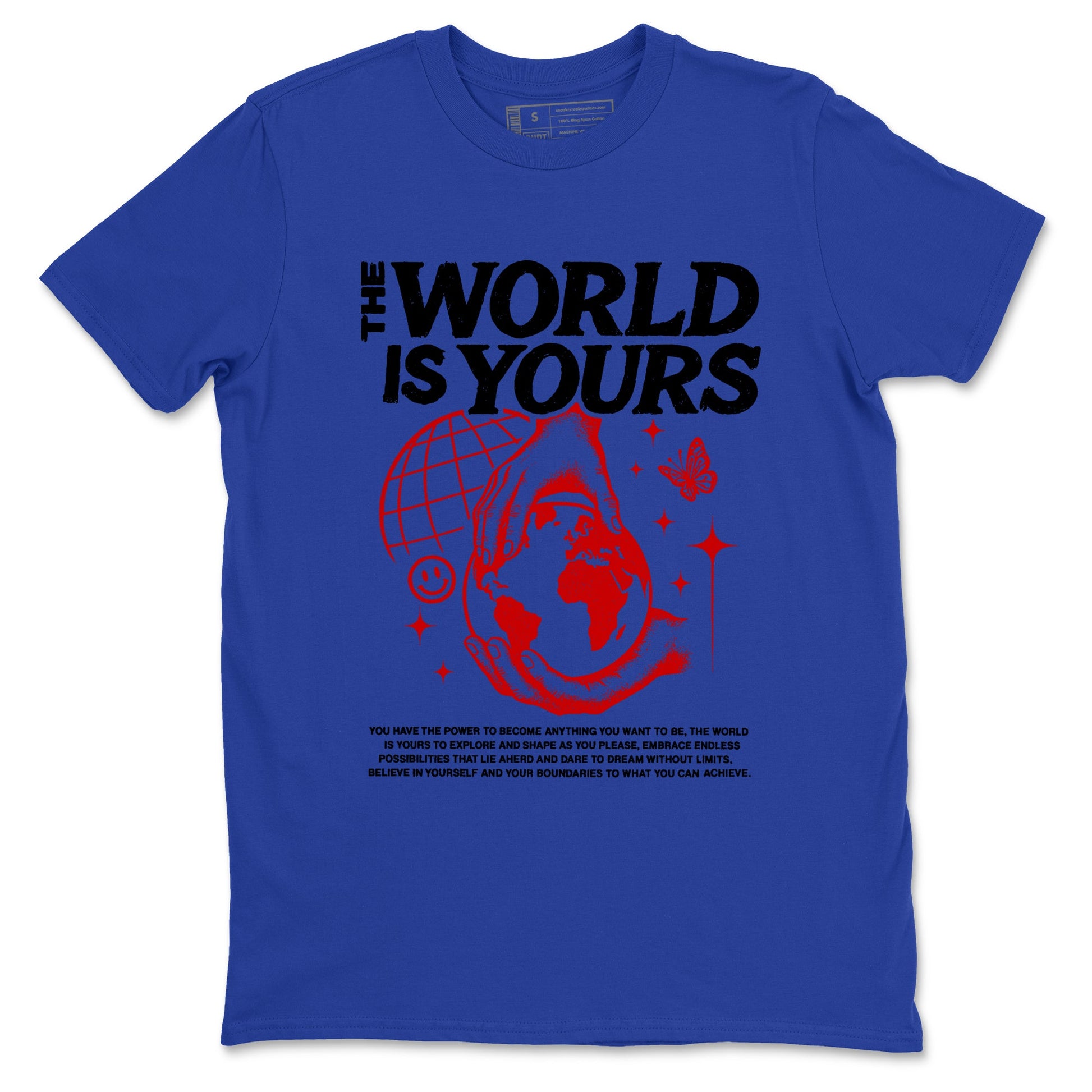 Sneaker match tees – Sneaker Tees To Match Jordan 4 Retro Rare Air Shoes – The World Is Yours Tee Royal Blue 2