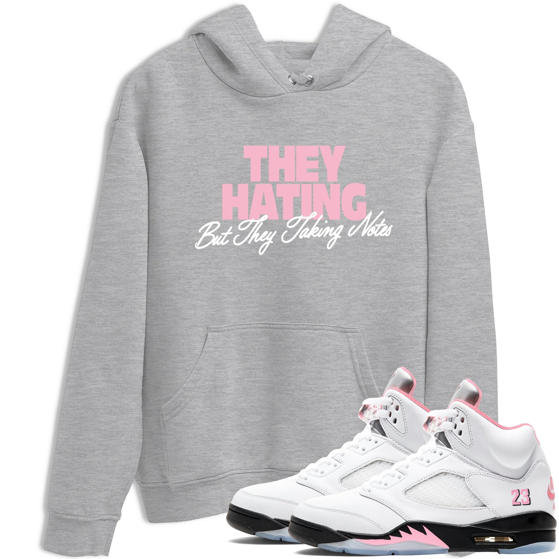 They Hating But Taking Notes sneaker match t-shirt styled to complete your fit with the Air Jordan 5 35th Anniversary sneakers, shown in Heather Grey 1.