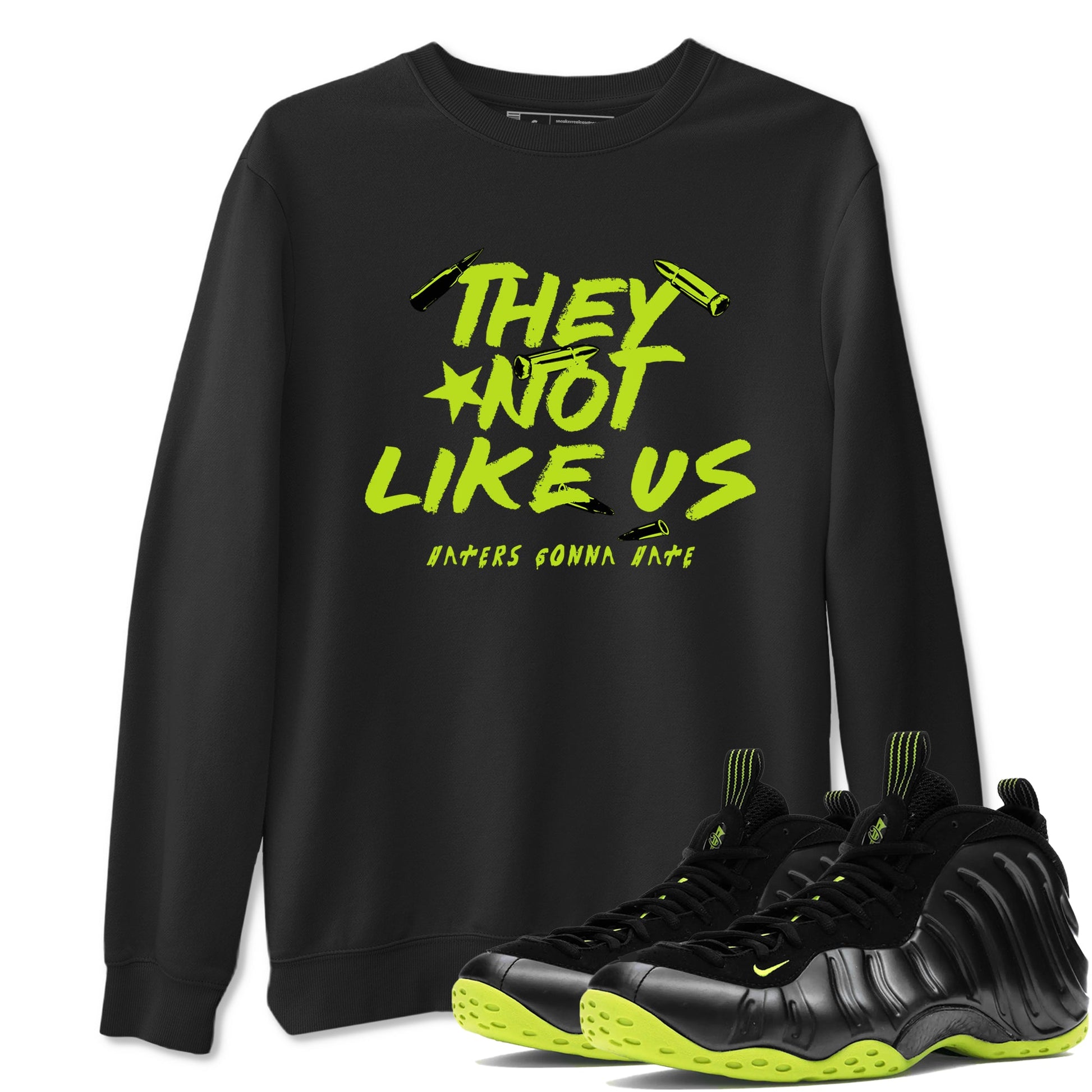 Foams One Black Volt shirts to match jordans They Not Like Us sneaker match tees Air Foamposite One Black and Volt match shoes to clothes SNRT Sneaker Tees unisex cotton Black 1 shirts