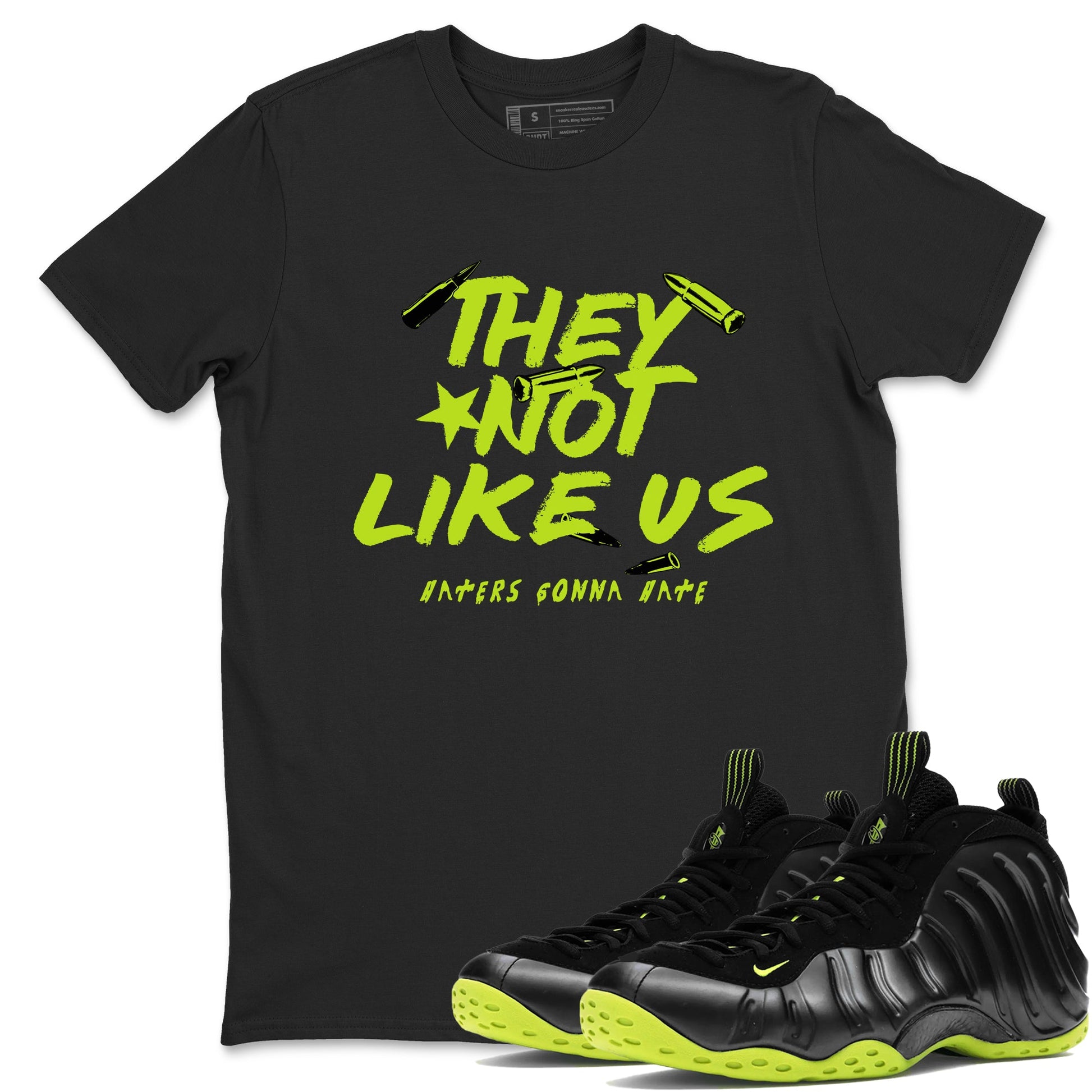 Foams One Black Volt shirts to match jordans They Not Like Us sneaker match tees Air Foamposite One Black and Volt match shoes to clothes SNRT Sneaker Tees unisex cotton Black 1 shirts