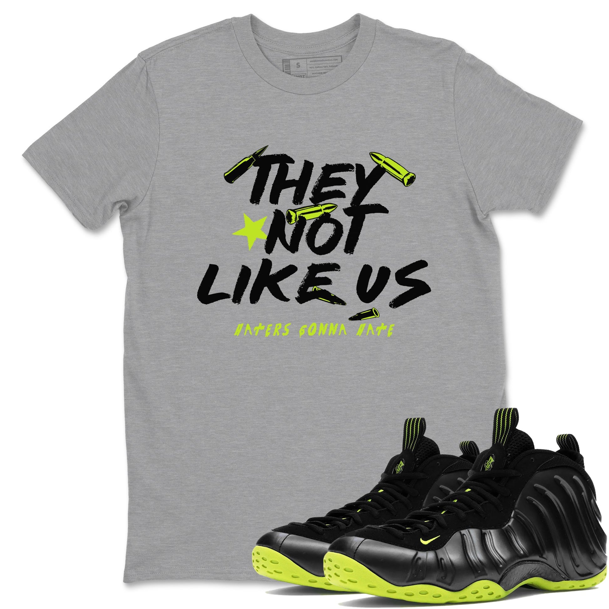 Foams One Black Volt shirts to match jordans They Not Like Us sneaker match tees Air Foamposite One Black and Volt match shoes to clothes SNRT Sneaker Tees unisex cotton Heather Grey 1 shirts