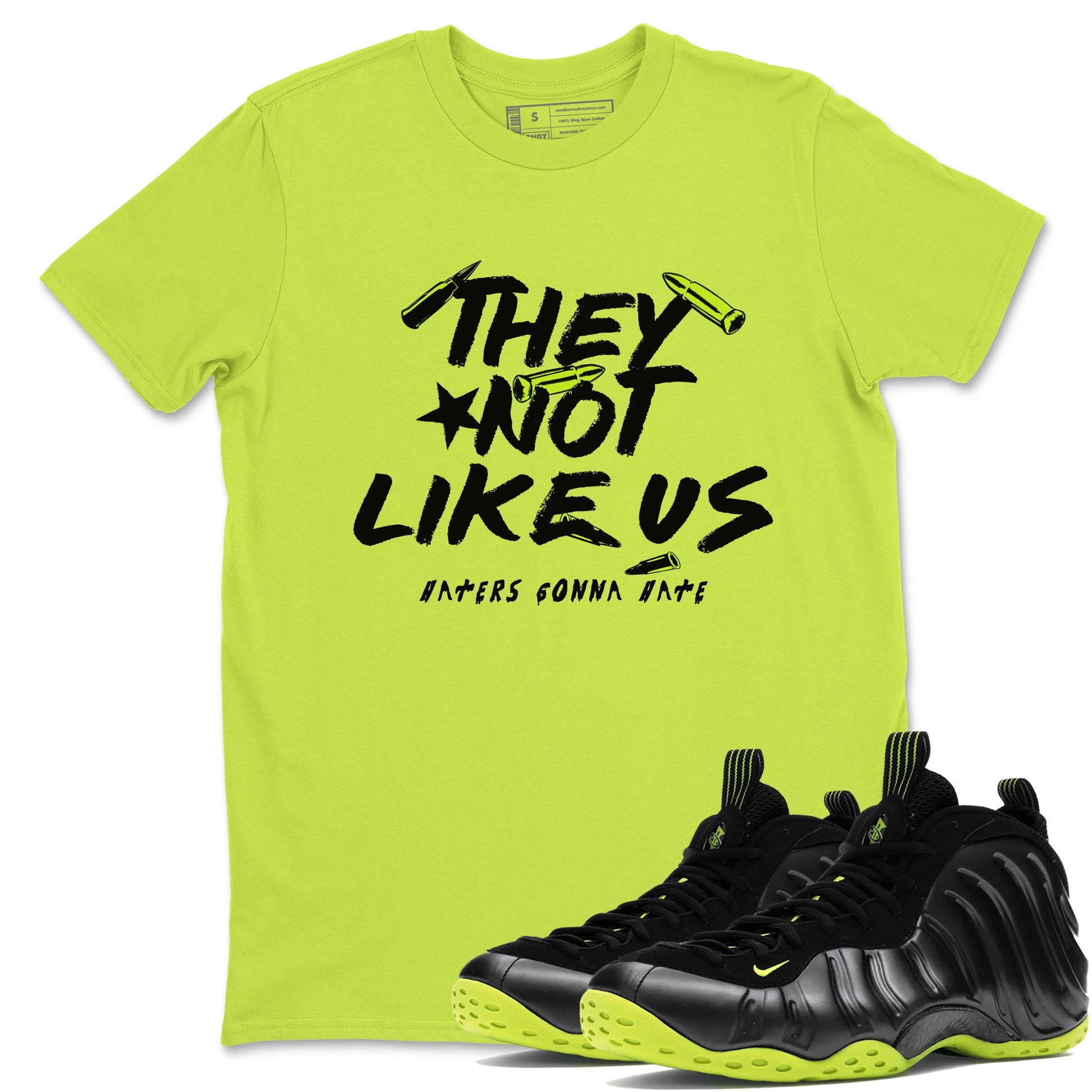 Foams One Black Volt shirts to match jordans They Not Like Us sneaker match tees Air Foamposite One Black and Volt match shoes to clothes SNRT Sneaker Tees unisex cotton Safety Green 1 shirts