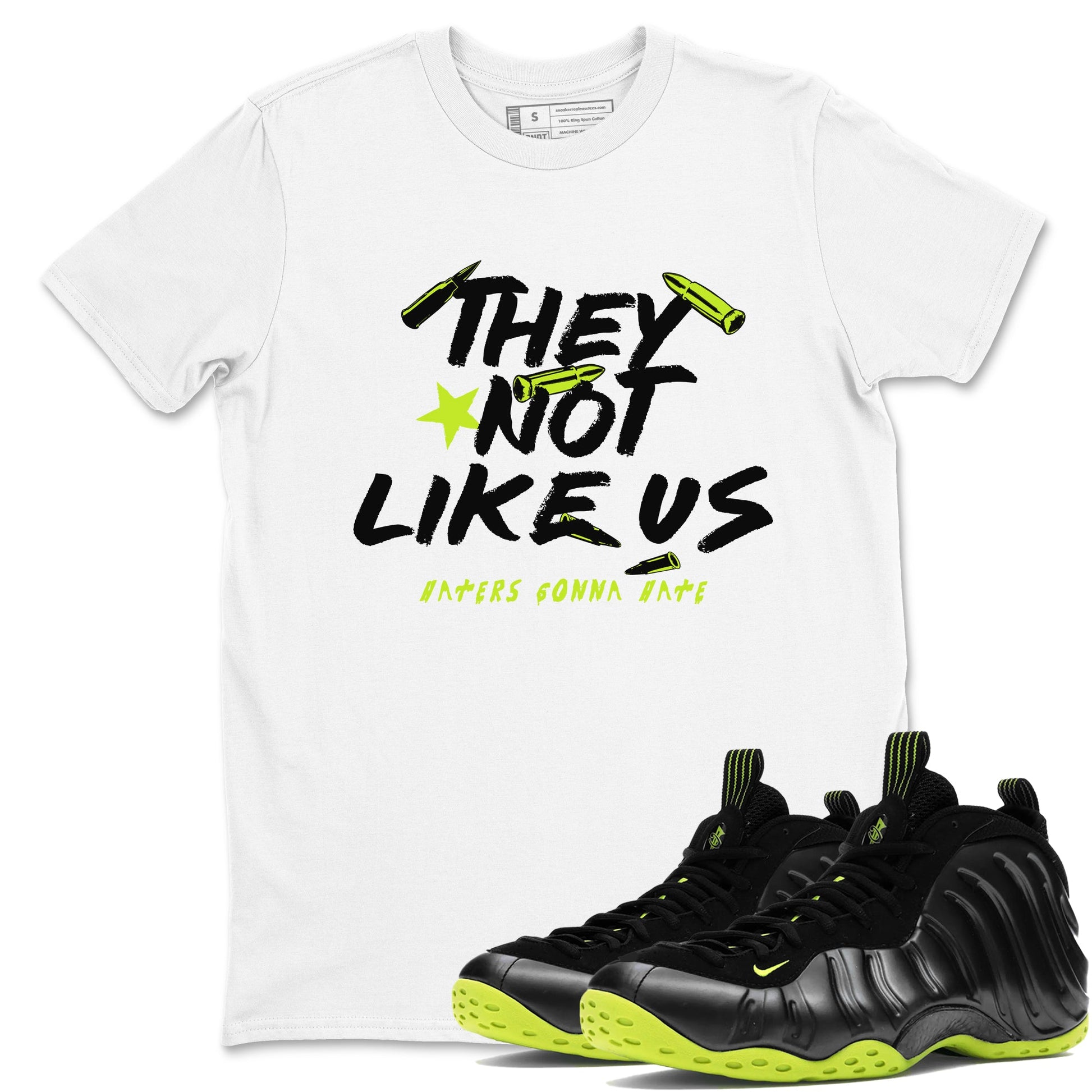Foams One Black Volt shirts to match jordans They Not Like Us sneaker match tees Air Foamposite One Black and Volt match shoes to clothes SNRT Sneaker Tees unisex cotton White 1 shirts