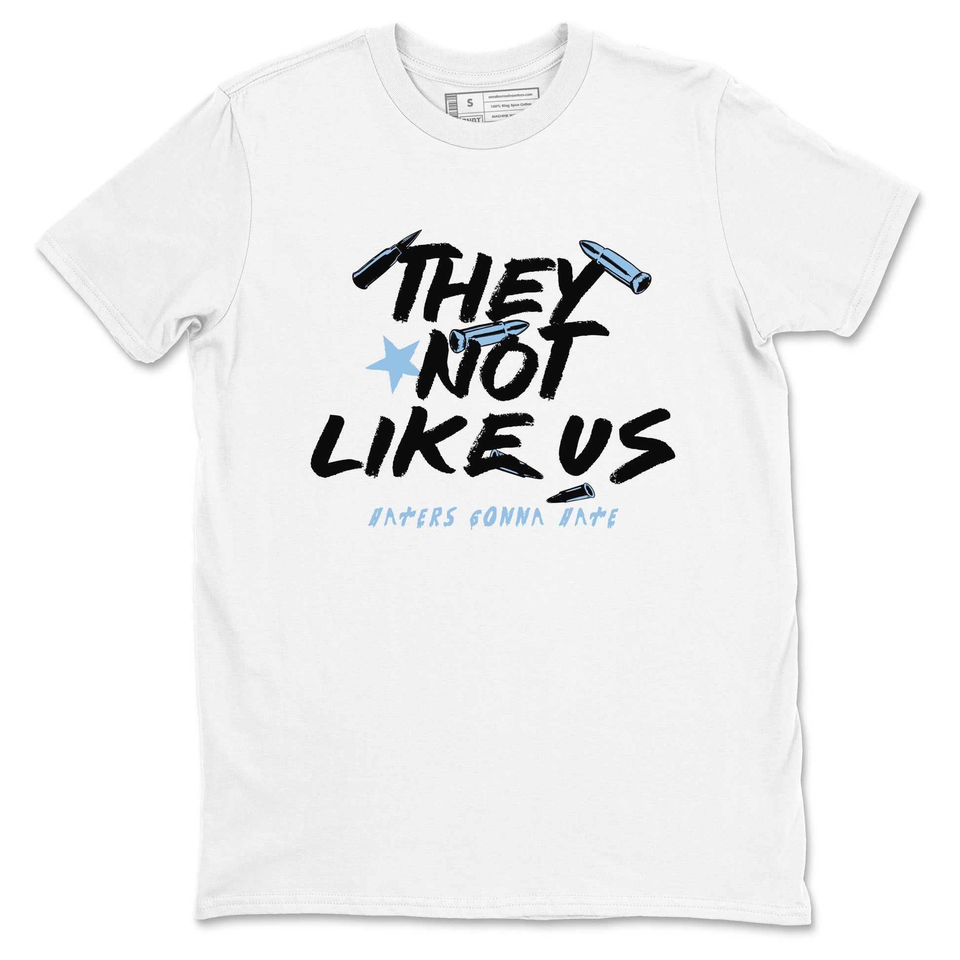 They Not Like Us sneaker match t-shirt styled to complete your fit with the Air Foamposite One Psychic Blue sneakers, shown in White 2.