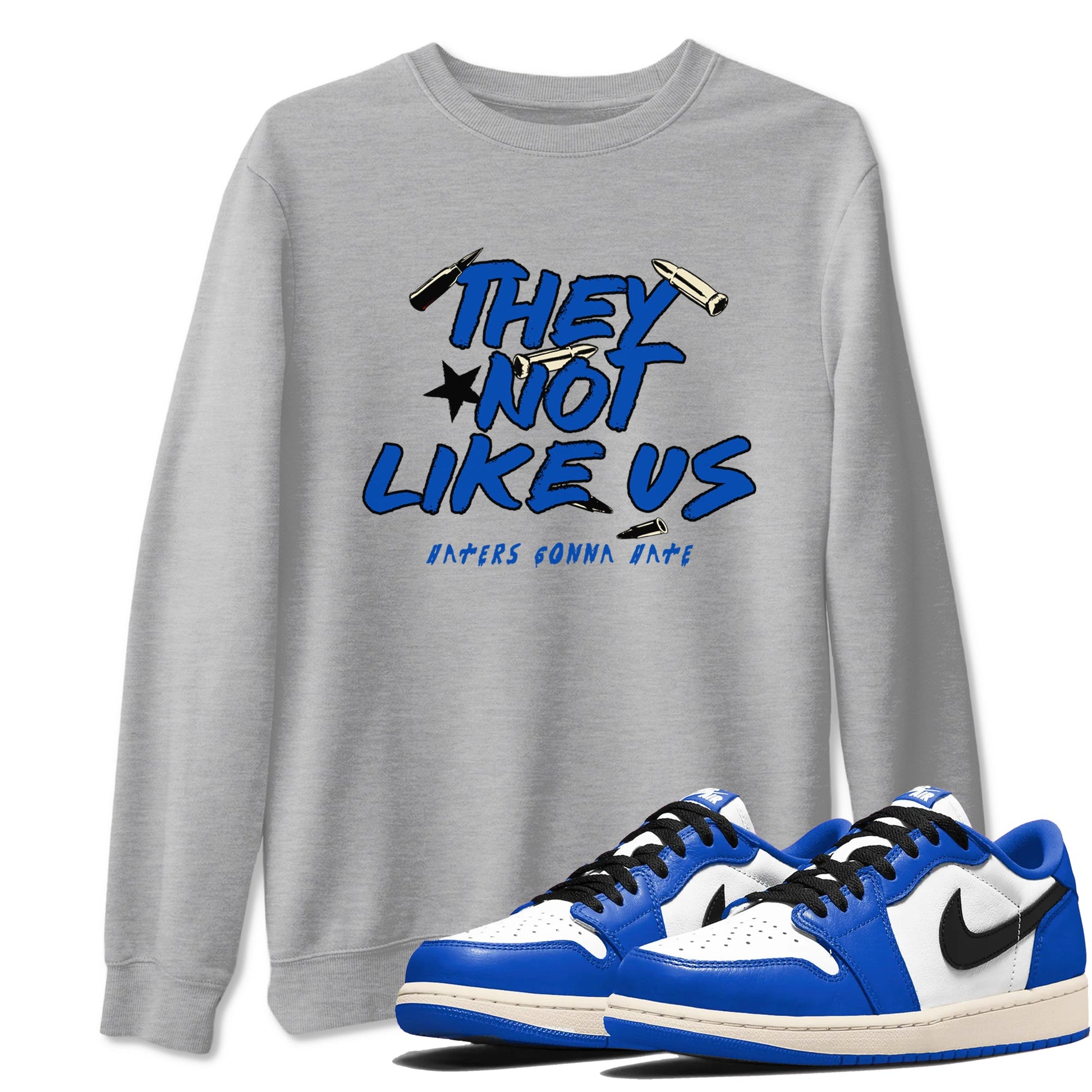 1s Game Royal shirts to match jordans They Not Like Us sneaker match tees Air Jordan 1 Retro Low OG Game Royal match shoes to clothes SNRT Sneaker Tees unisex cotton Heather Grey 1 shirts