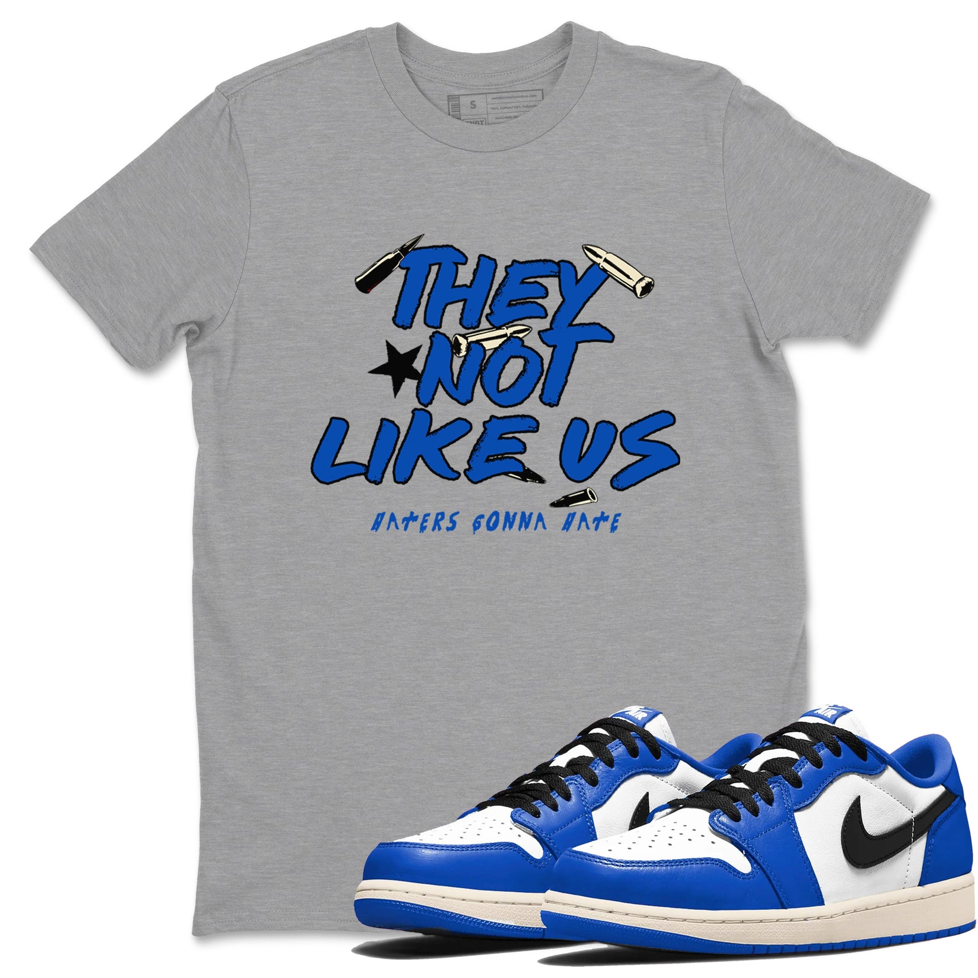 1s Game Royal shirts to match jordans They Not Like Us sneaker match tees Air Jordan 1 Retro Low OG Game Royal match shoes to clothes SNRT Sneaker Tees unisex cotton Heather Grey 1 shirts