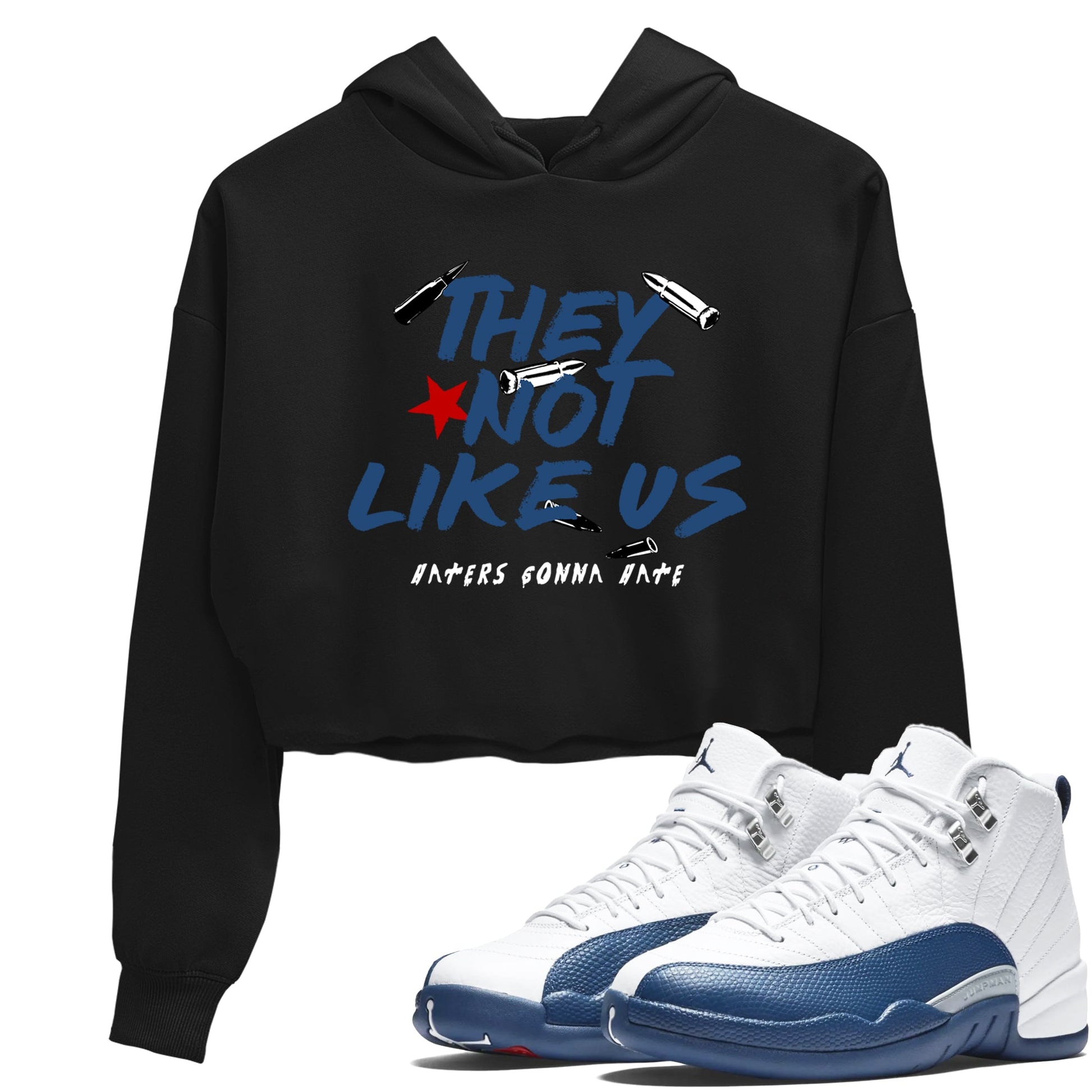 Sneaker match tees – Sneaker Tees To Match Air Jordan 12 French Blue Shoes – They Not Like Us Crop T-Shirt Black 1