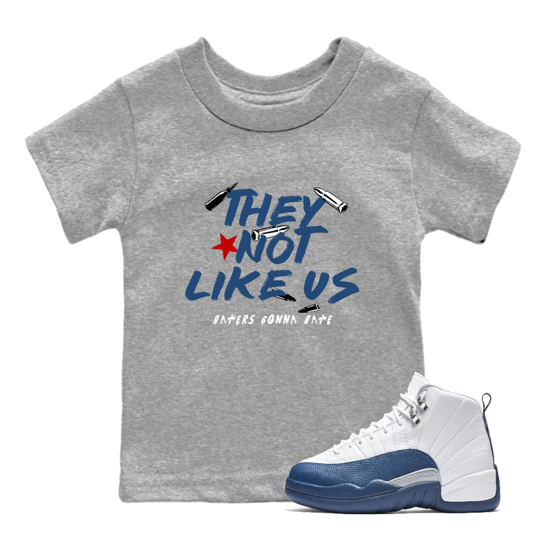 Sneaker match tees – Sneaker Tees To Match Air Jordan 12 French Blue Shoes – They Not Like Us Kids T-Shirt Heather Grey 1