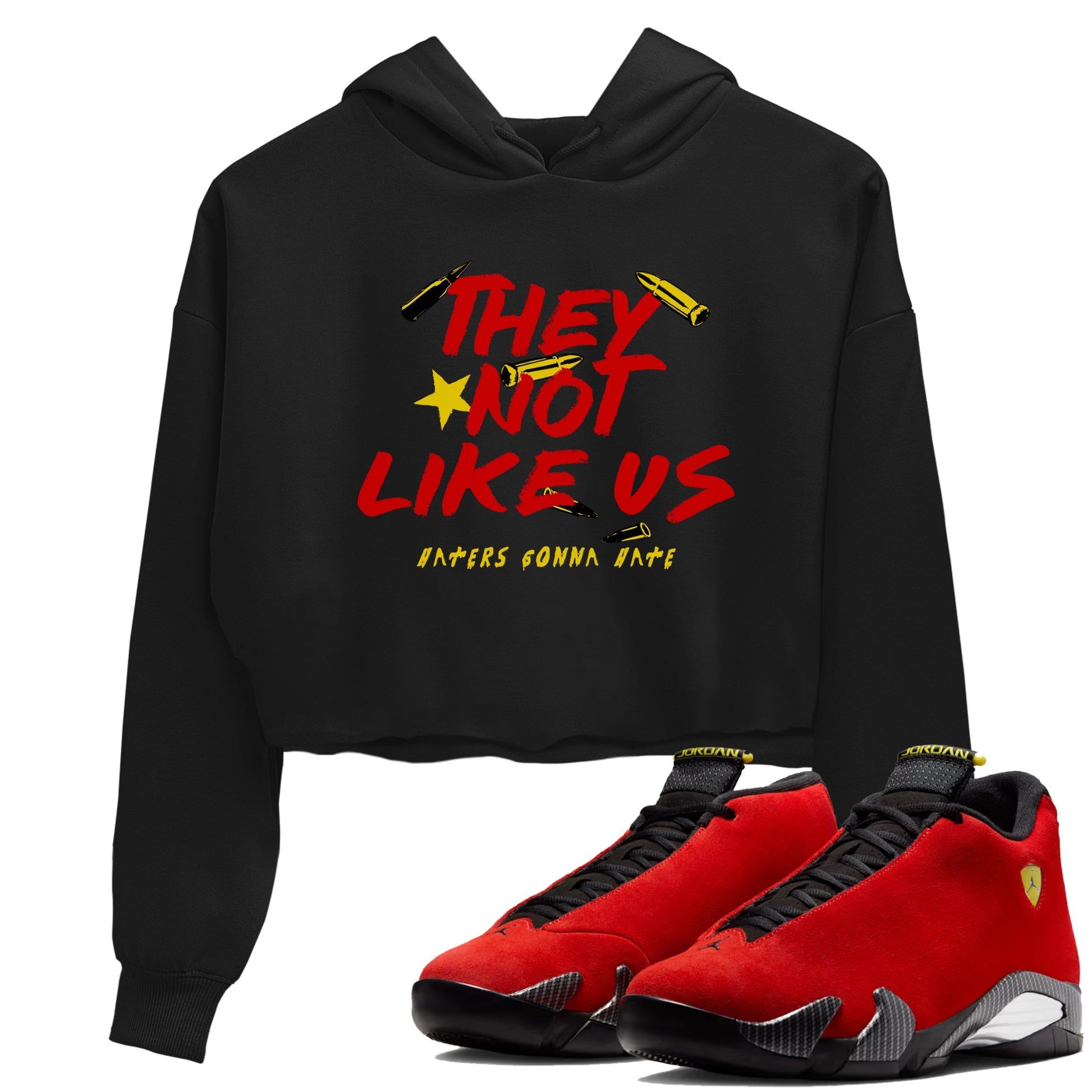 They Not Like Us womens crop tee made to vibe with the Air Jordan 14 Challenge Red sneakers — the perfect match in Black 1.