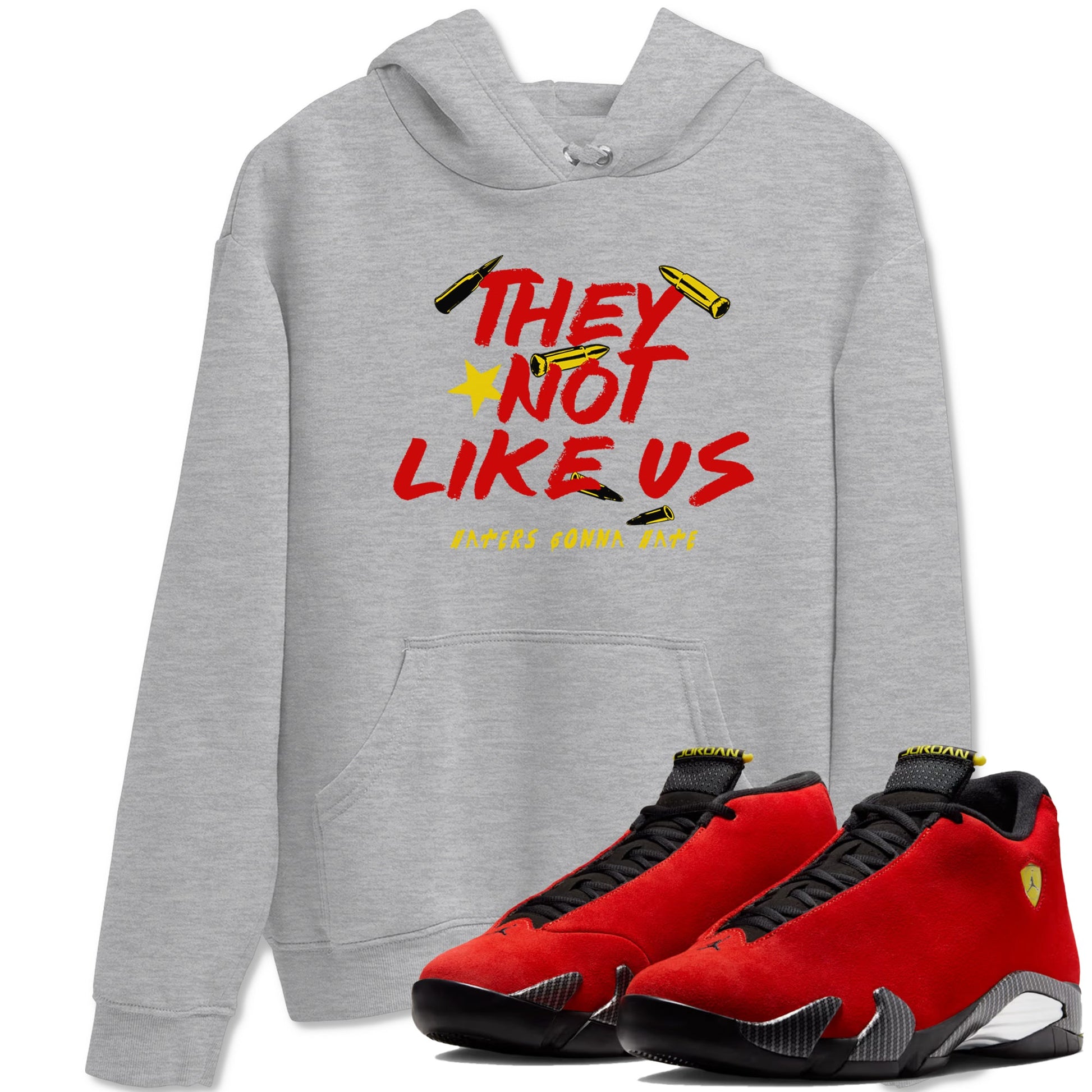 They Not Like Us sneaker match t-shirt styled to complete your fit with the Air Jordan 14 Challenge Red sneakers, AJ14 Ferrari, shown in Heather Grey 1.