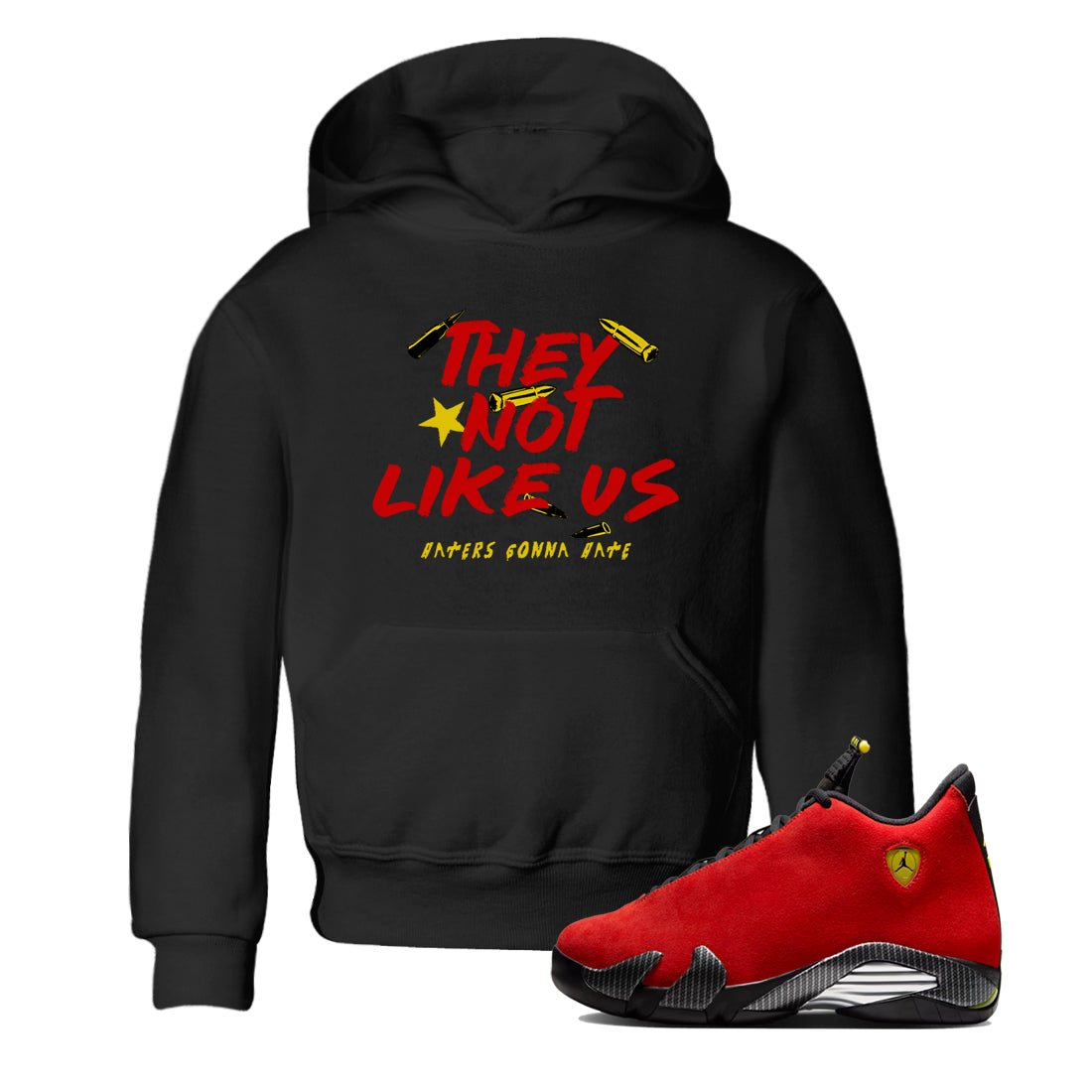 They Not Like Us baby and kids t-shirt crafted for little sneakerheads to shine with the Air Jordan 14 Challenge Red sneakers, AJ14 Ferrari, displayed in Black 1.