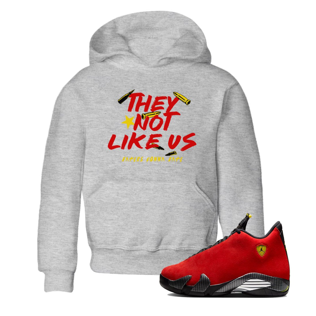 They Not Like Us baby and kids t-shirt crafted for little sneakerheads to shine with the Air Jordan 14 Challenge Red sneakers, AJ14 Ferrari, displayed in Heather Grey 1.