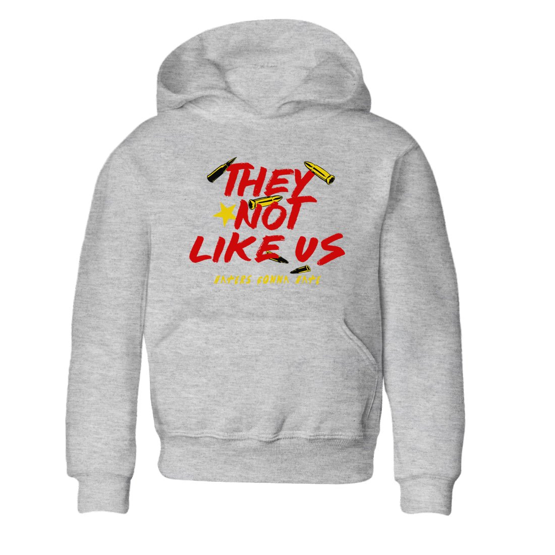 They Not Like Us baby and kids t-shirt crafted for little sneakerheads to shine with the Air Jordan 14 Challenge Red sneakers, AJ14 Ferrari, displayed in Heather Grey 2.