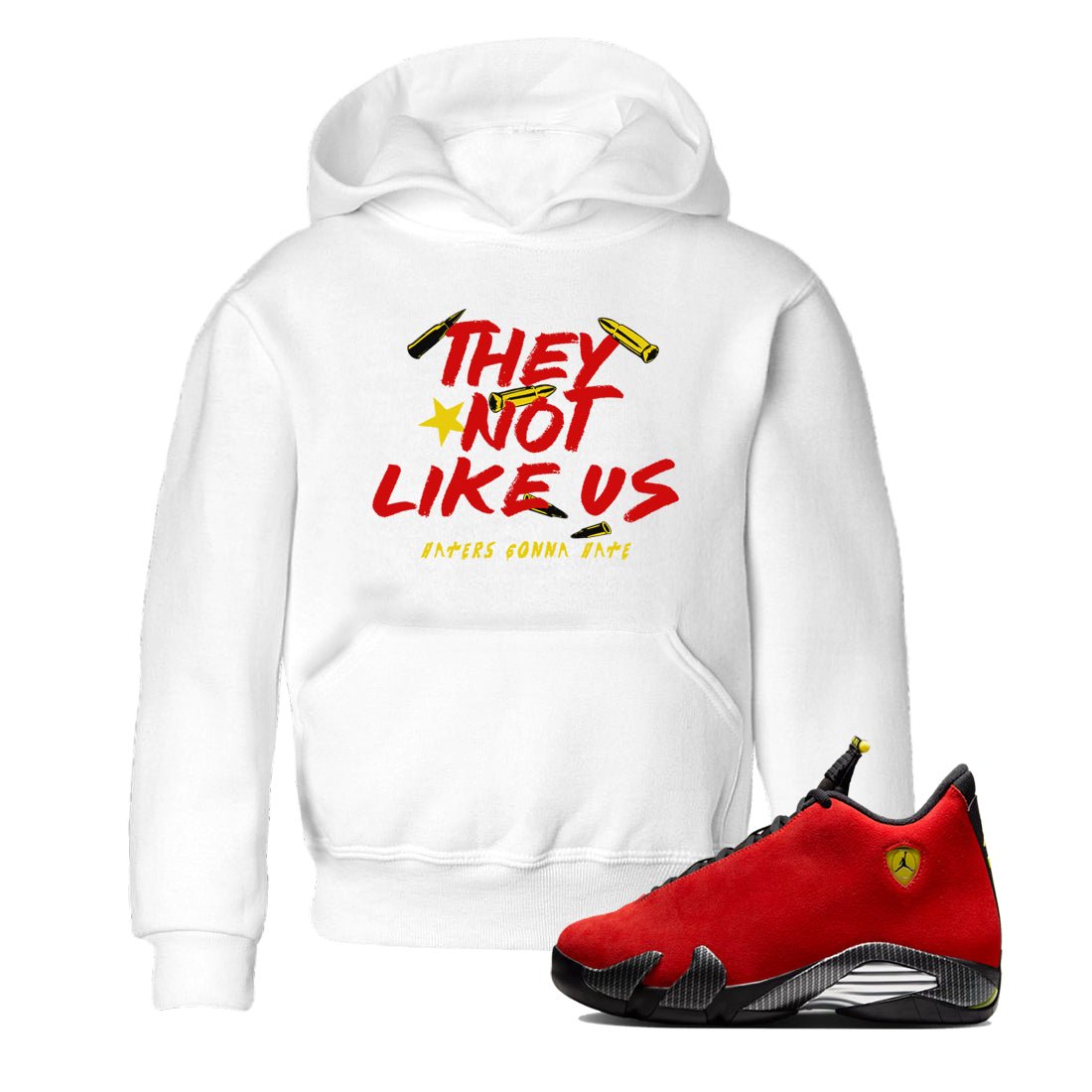 They Not Like Us baby and kids t-shirt crafted for little sneakerheads to shine with the Air Jordan 14 Challenge Red sneakers, AJ14 Ferrari, displayed in White 1.