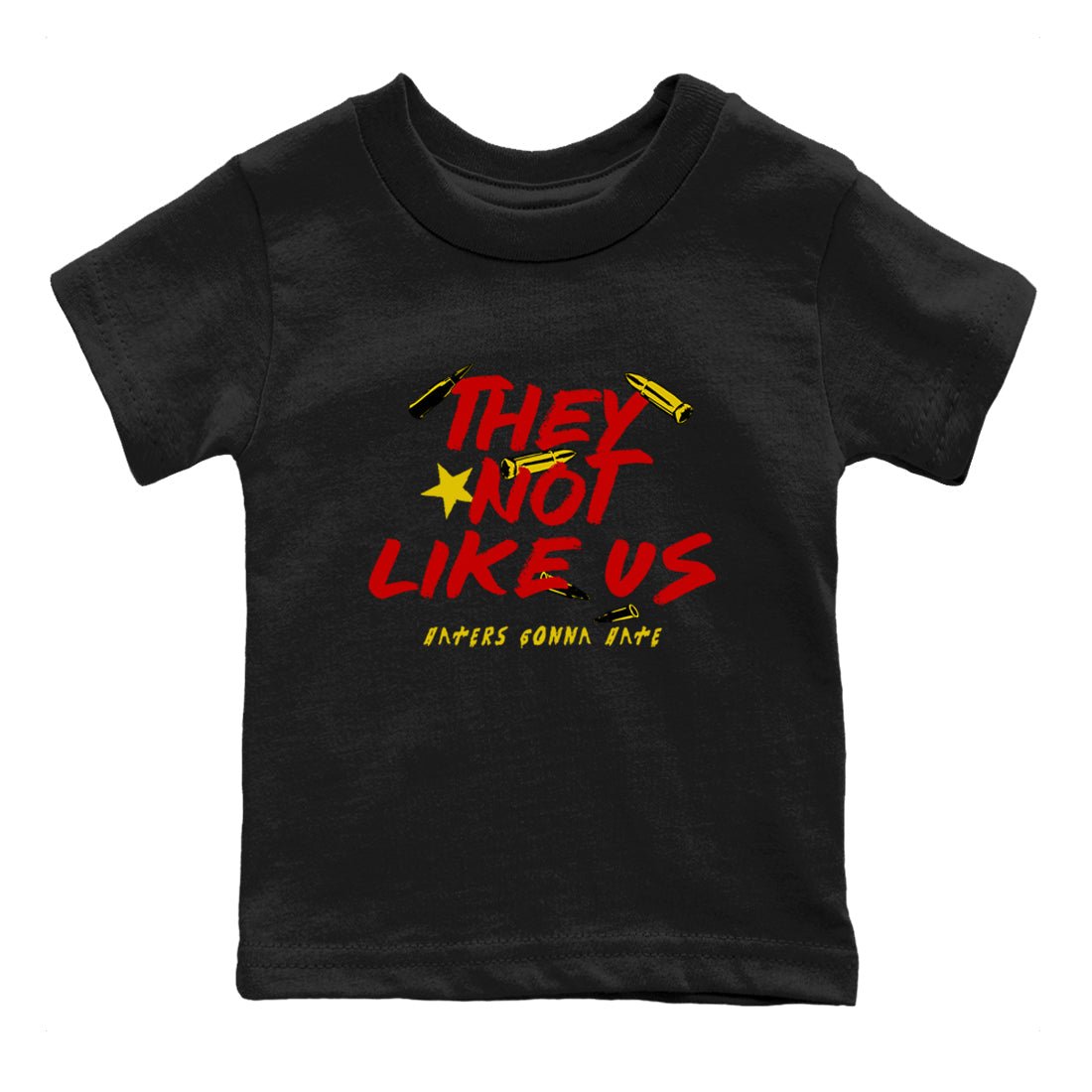 They Not Like Us baby and kids t-shirt crafted for little sneakerheads to shine with the Air Jordan 14 Challenge Red sneakers, AJ14 Ferrari, displayed in Black 2.