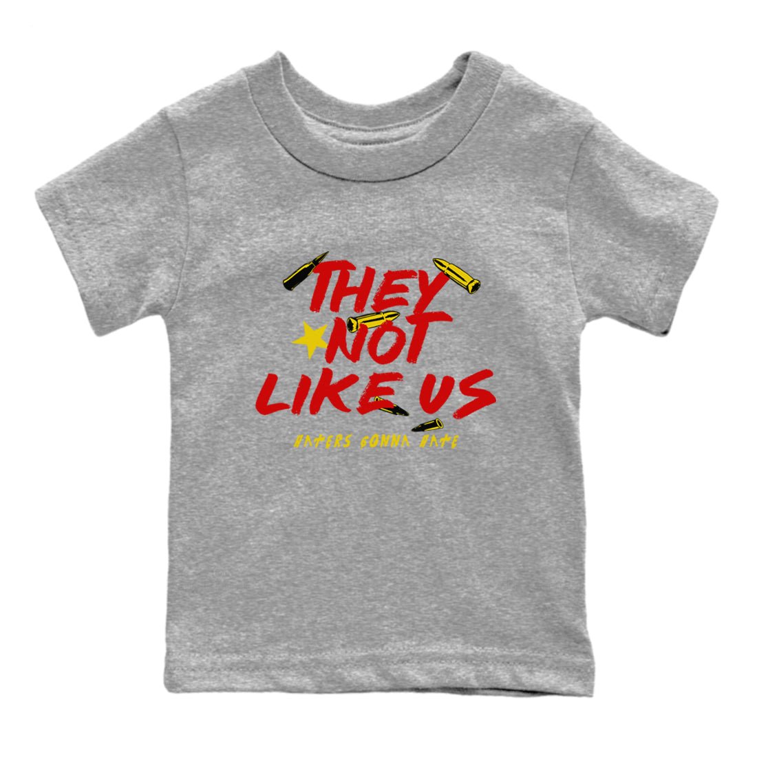 They Not Like Us baby and kids t-shirt crafted for little sneakerheads to shine with the Air Jordan 14 Challenge Red sneakers, AJ14 Ferrari, displayed in Heather Grey 2.