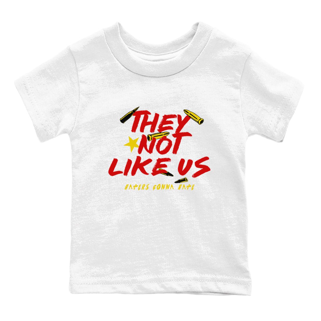 They Not Like Us baby and kids t-shirt crafted for little sneakerheads to shine with the Air Jordan 14 Challenge Red sneakers, AJ14 Ferrari, displayed in White 2.