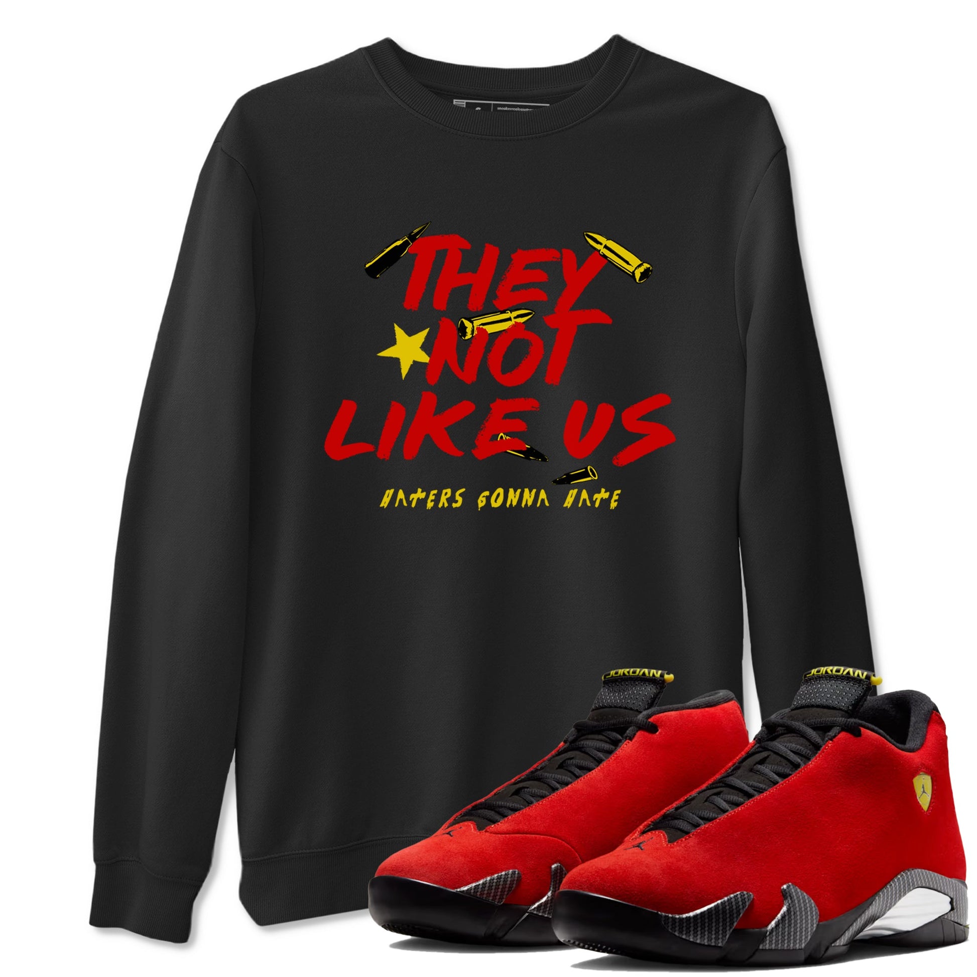 They Not Like Us sneaker match t-shirt styled to complete your fit with the Air Jordan 14 Challenge Red sneakers, AJ14 Ferrari, shown in Black 1.