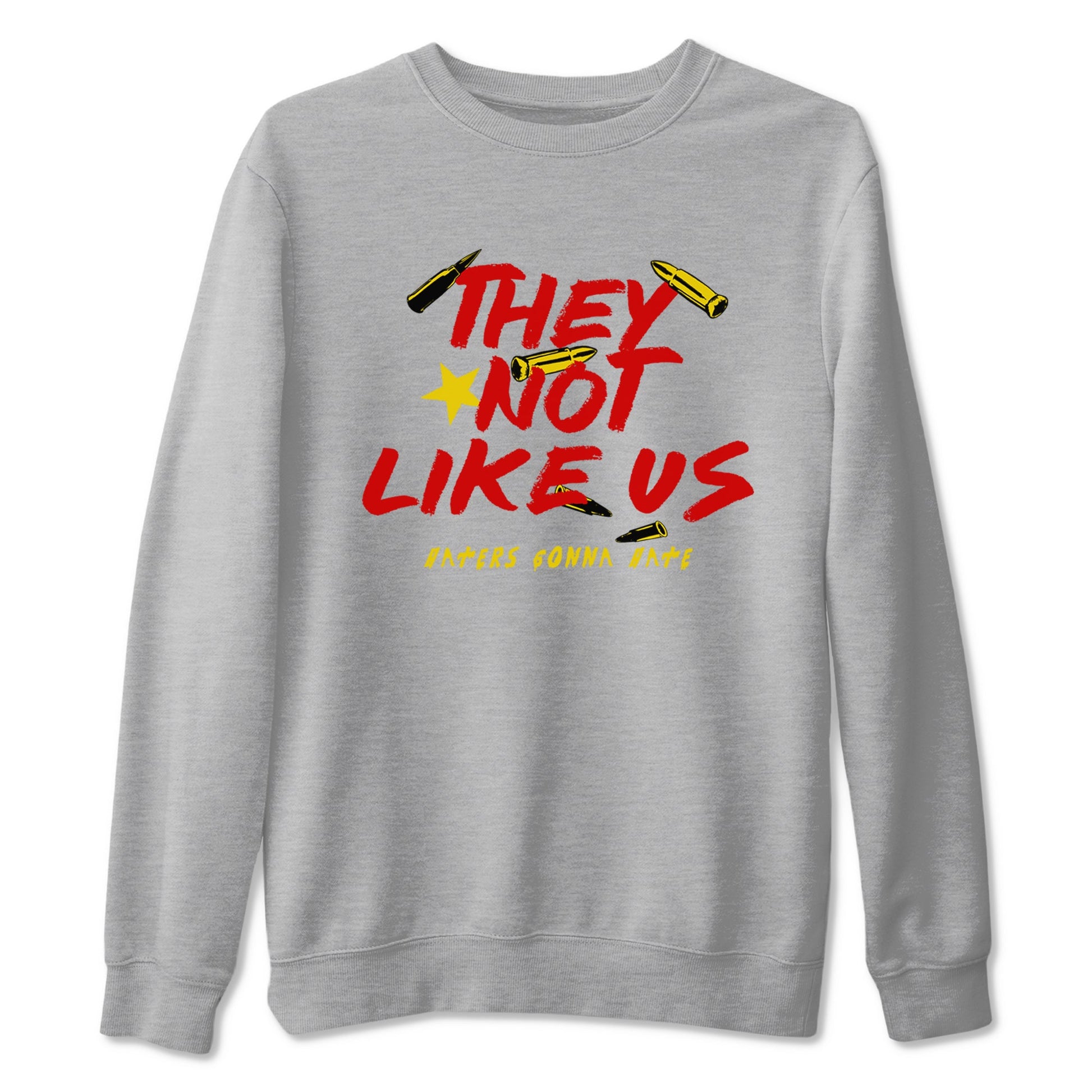 They Not Like Us sneaker match t-shirt styled to complete your fit with the Air Jordan 14 Challenge Red sneakers, AJ14 Ferrari, shown in Heather Grey 2.