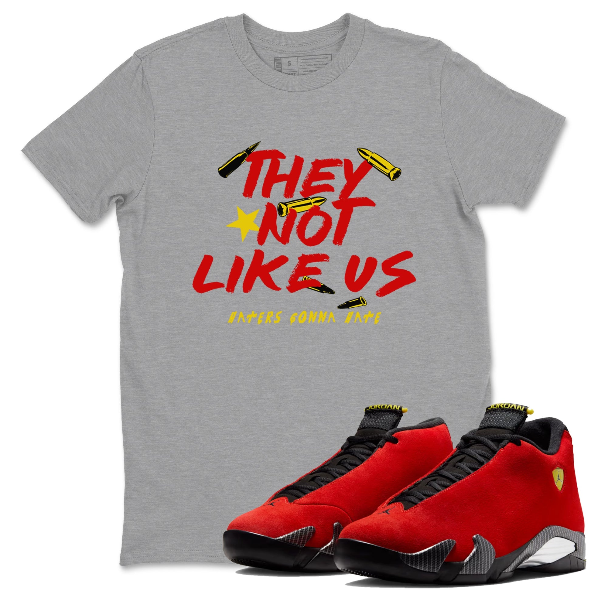 They Not Like Us sneaker match t-shirt styled to complete your fit with the Air Jordan 14 Challenge Red sneakers, AJ14 Ferrari, shown in Heather Grey 1.