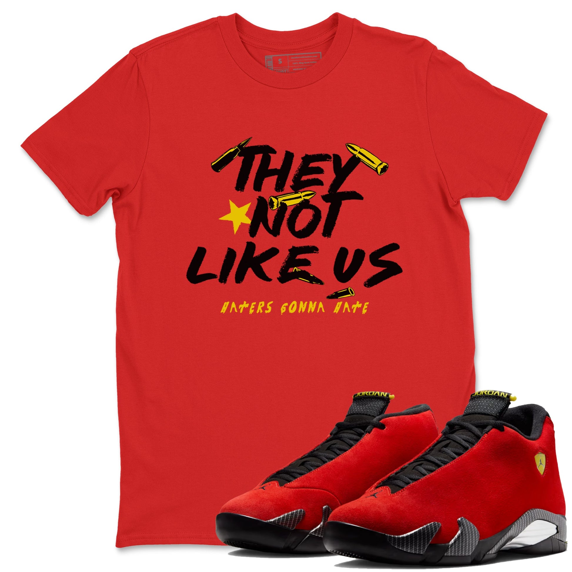 They Not Like Us sneaker match t-shirt styled to complete your fit with the Air Jordan 14 Challenge Red sneakers, AJ14 Ferrari, shown in Red 1.
