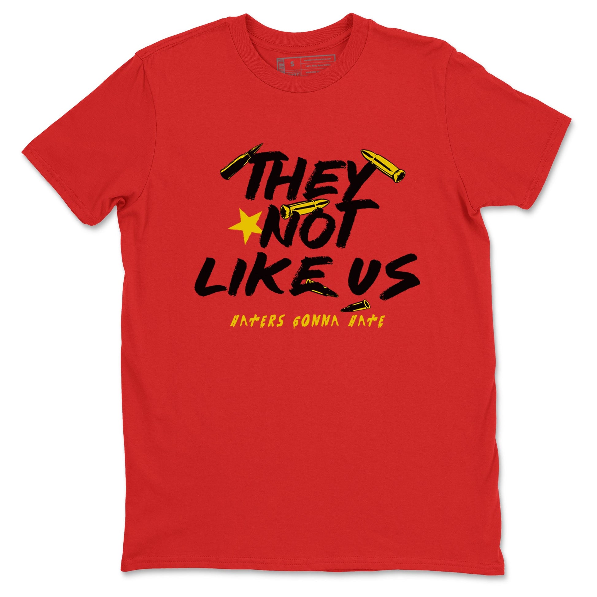 They Not Like Us sneaker match t-shirt styled to complete your fit with the Air Jordan 14 Challenge Red sneakers, AJ14 Ferrari, shown in Red 2.