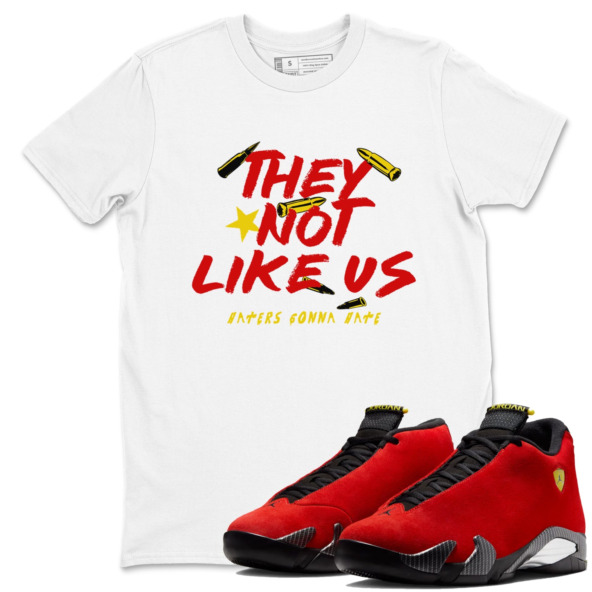 They Not Like Us sneaker match t-shirt styled to complete your fit with the Air Jordan 14 Challenge Red sneakers, AJ14 Ferrari, shown in White 1.