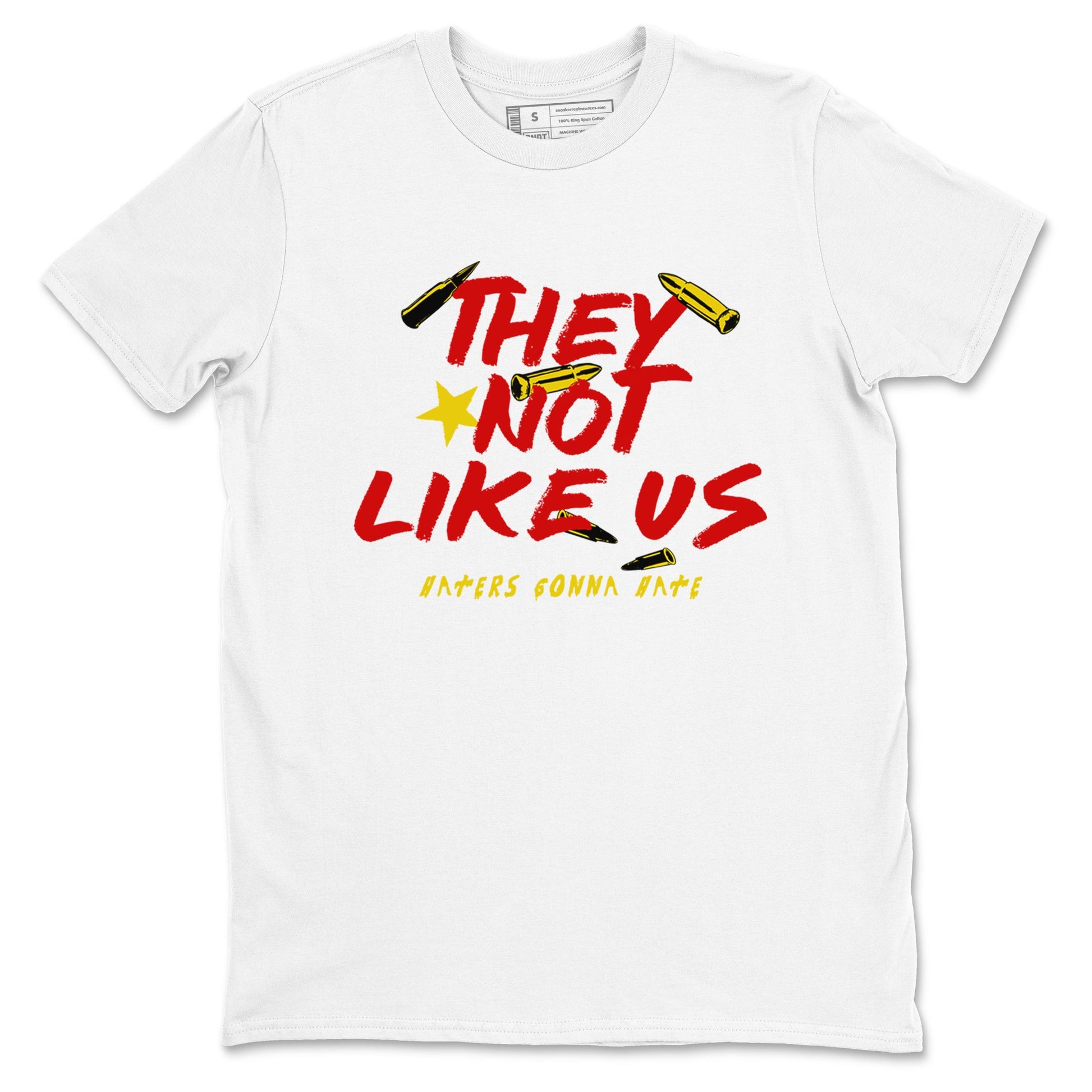 They Not Like Us sneaker match t-shirt styled to complete your fit with the Air Jordan 14 Challenge Red sneakers, AJ14 Ferrari, shown in White 2.