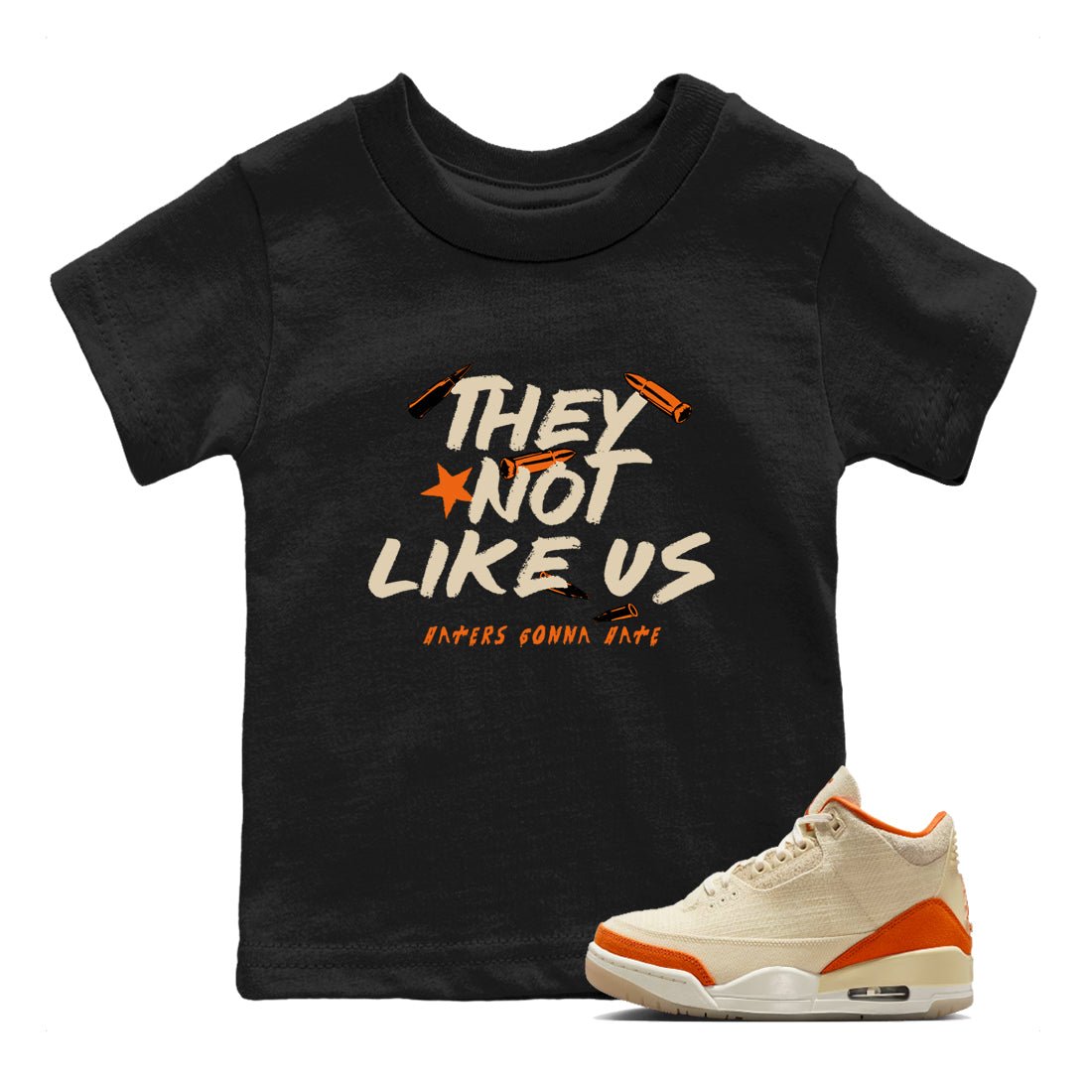 They Not Like Us baby and kids t-shirt crafted for little sneakerheads to shine with the Air Jordan 3 Starfish sneakers, displayed in Black 1.