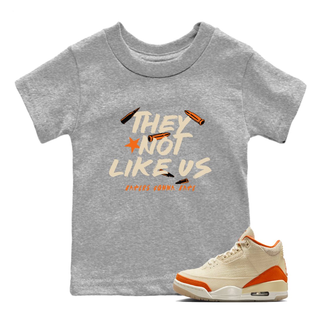 They Not Like Us baby and kids t-shirt crafted for little sneakerheads to shine with the Air Jordan 3 Starfish sneakers, displayed in Heather Grey 1.