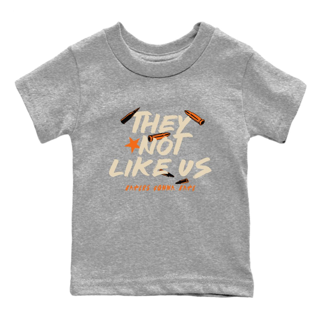 They Not Like Us baby and kids t-shirt crafted for little sneakerheads to shine with the Air Jordan 3 Starfish sneakers, displayed in Heather Grey 2.