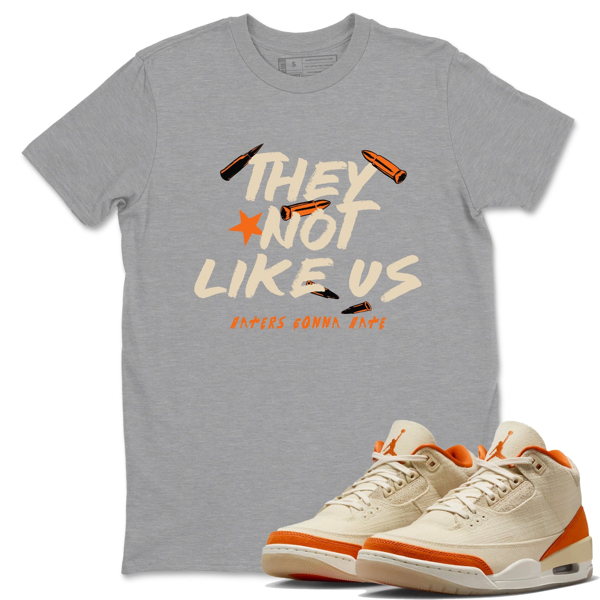 They Not Like Us sneaker match t-shirt styled to complete your fit with the Air Jordan 3 Starfish sneakers, shown in Heather Grey 1.