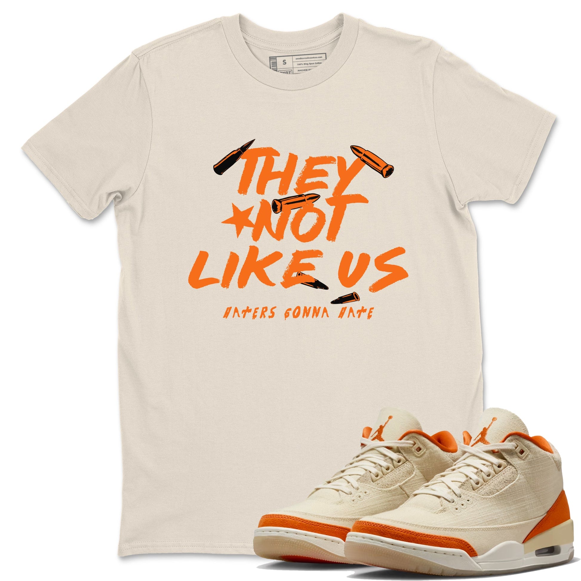 They Not Like Us sneaker match t-shirt styled to complete your fit with the Air Jordan 3 Starfish sneakers, shown in Natural 1.