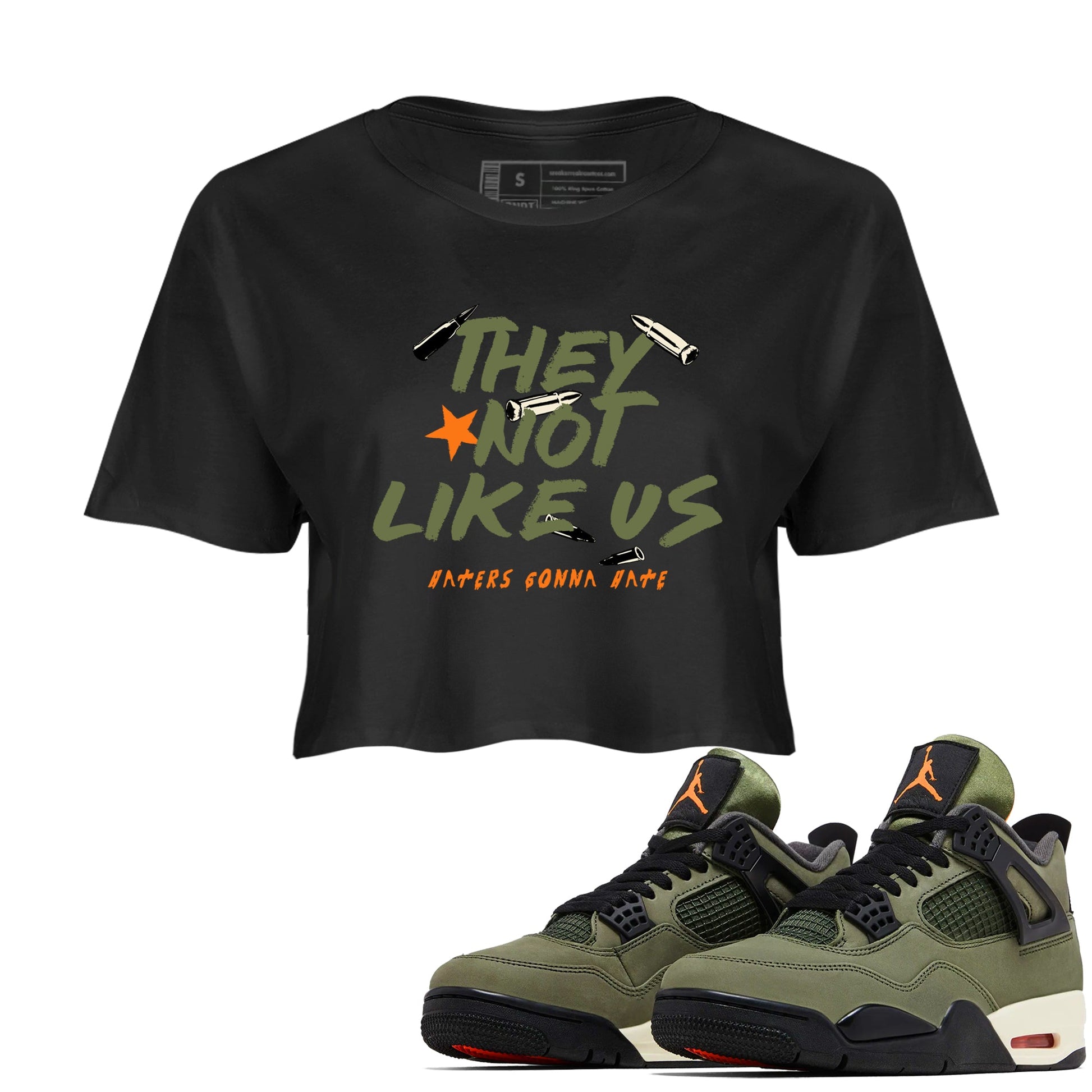 Sneaker match tees – Sneaker Tees To Match Undefeated inspired colorways Air Jordan 4 OG Olive Shoes – They Not Like Us Crop T-Shirt Black 1