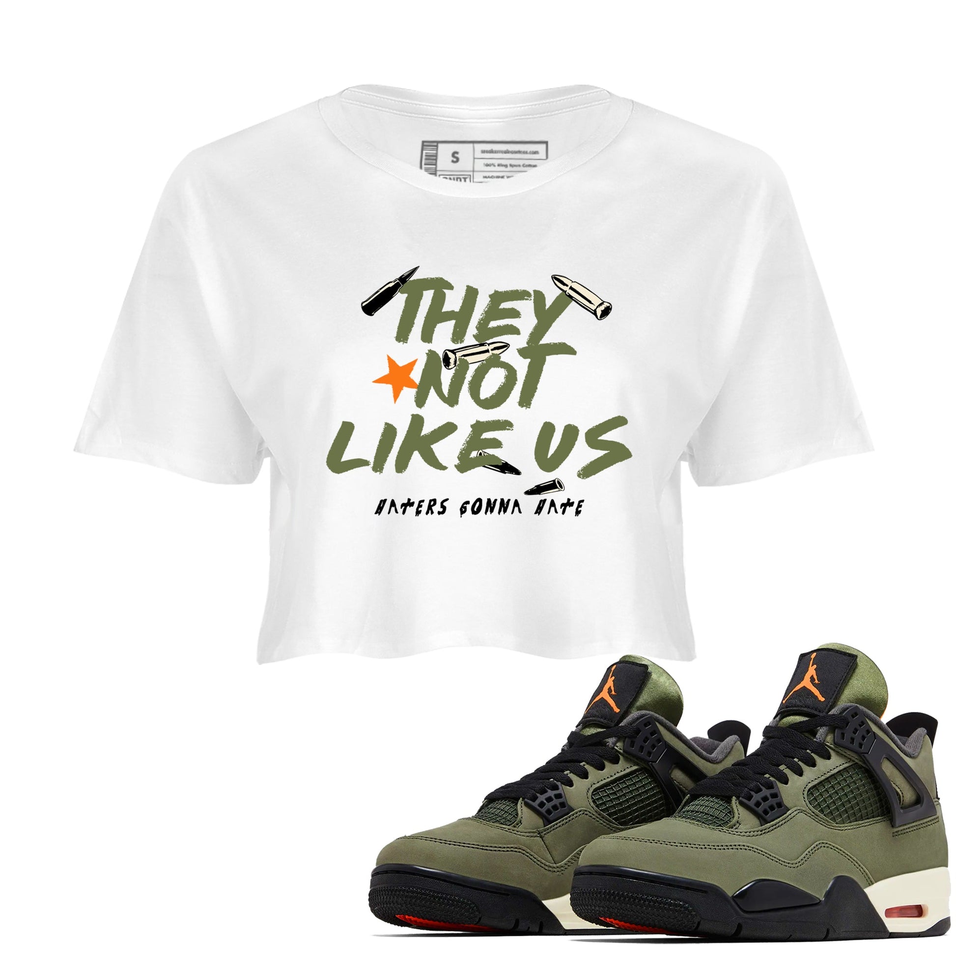 Sneaker match tees – Sneaker Tees To Match Undefeated inspired colorways Air Jordan 4 OG Olive Shoes – They Not Like Us Crop T-Shirt White 1