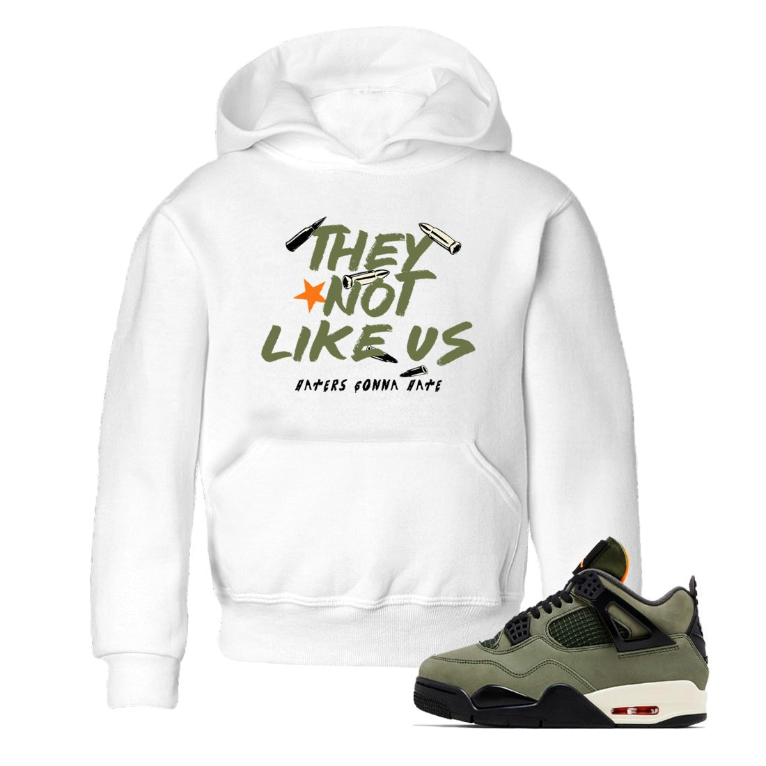 Sneaker match tees – Sneaker Tees To Match Undefeated inspired colorways Air Jordan 4 OG Olive Shoes – They Not Like Us Kids T-Shirt White 1