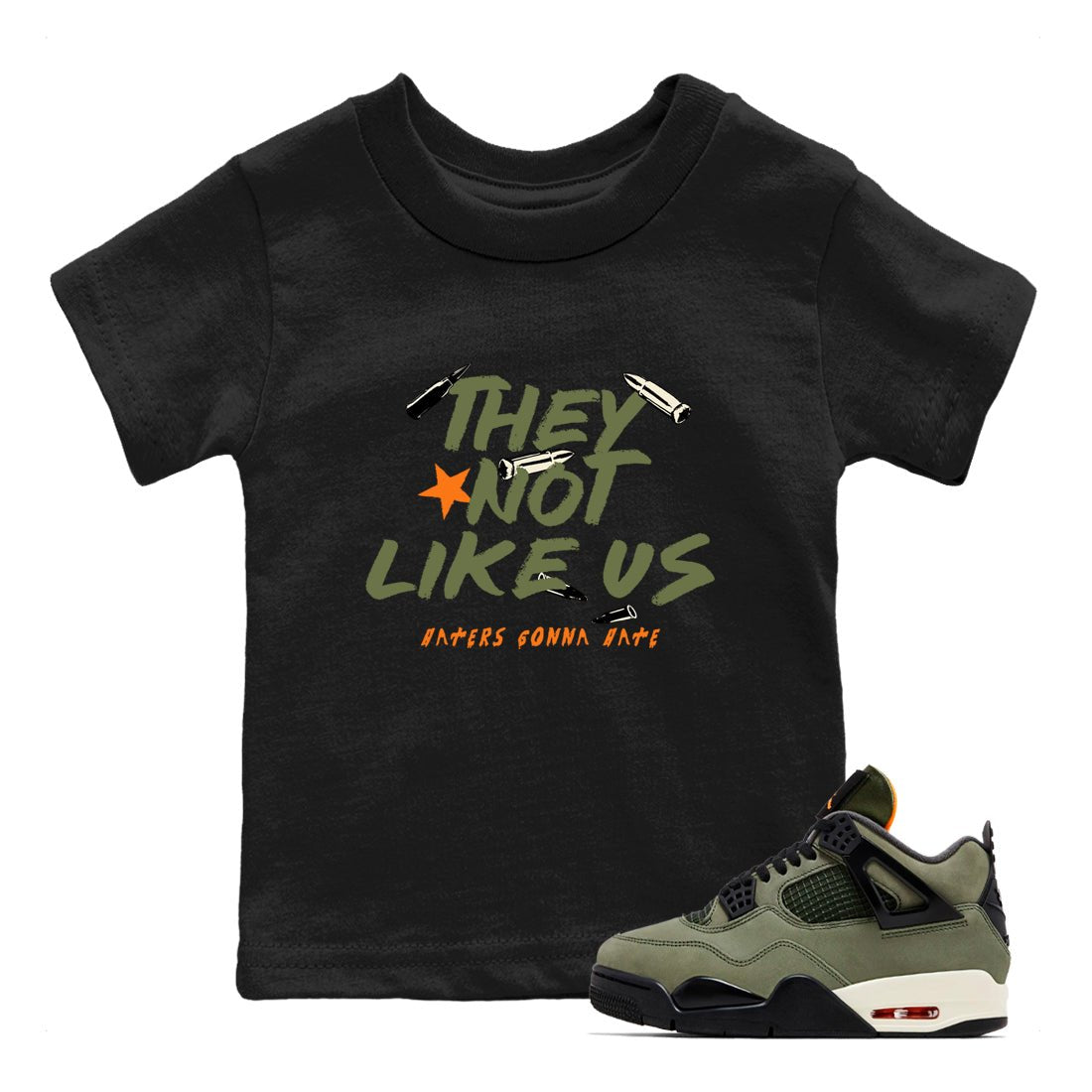 Sneaker match tees – Sneaker Tees To Match Undefeated inspired colorways Air Jordan 4 OG Olive Shoes – They Not Like Us Kids T-Shirt Black 1